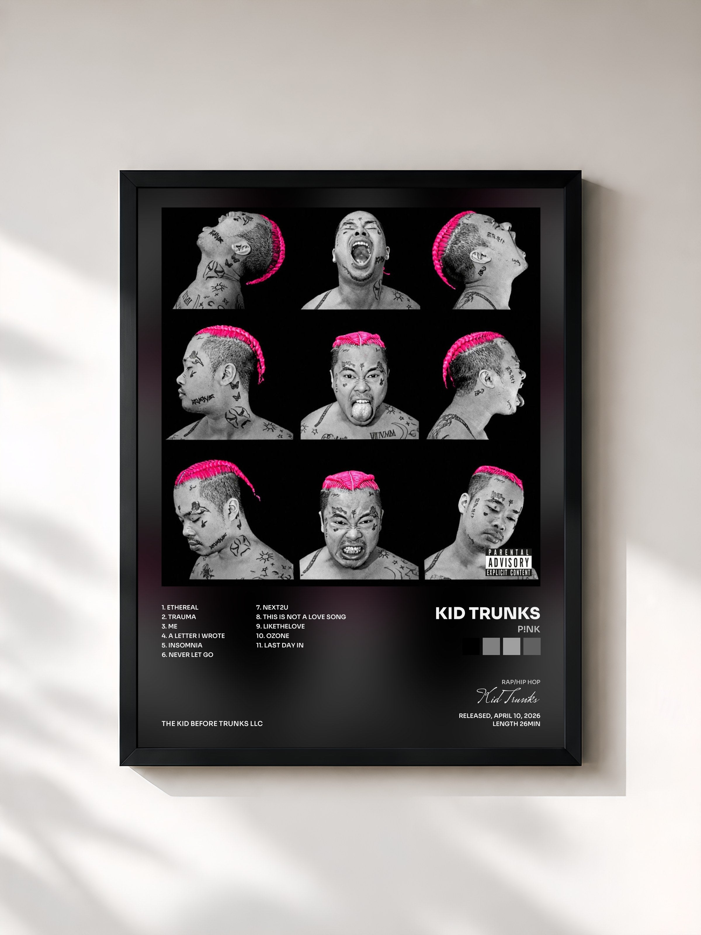 #noir Tableau de l'album P!NK de Kid Trunks, cadre noir, imprimé et encadré en France