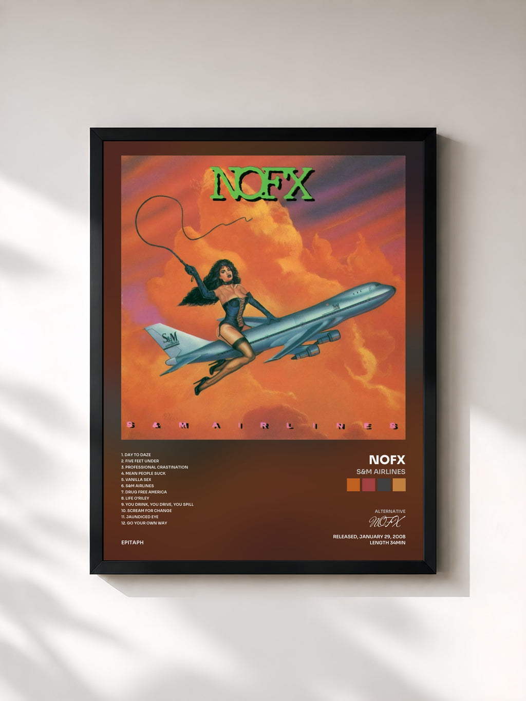 #noir Tableau de l'album S&M Airlines de NOFX, cadre noir, imprimé et encadré en France