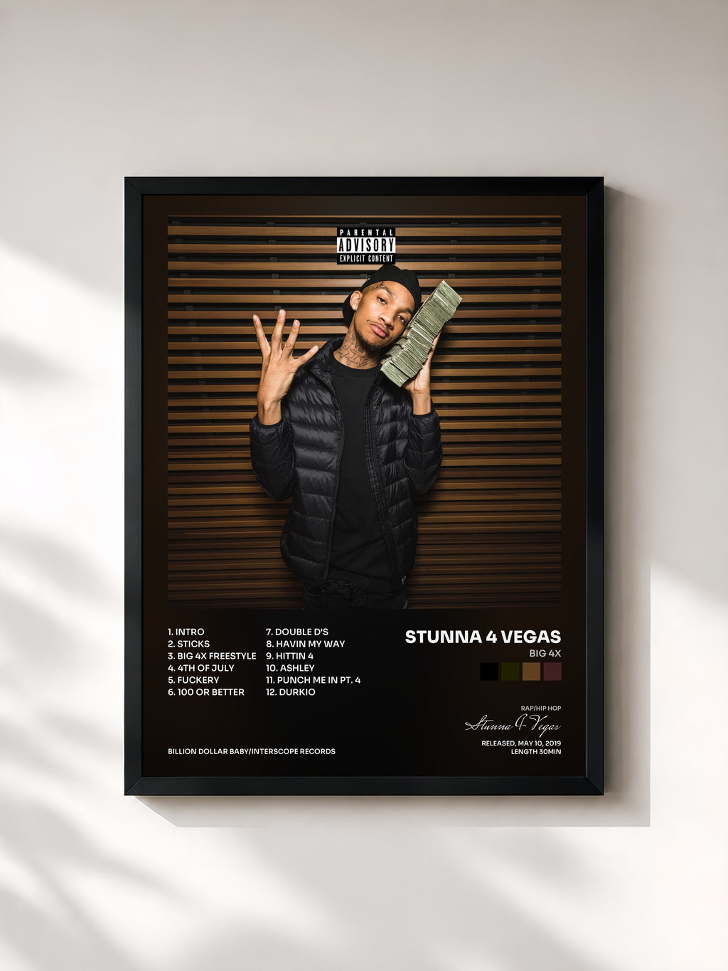 #noir Tableau de l'album BIG 4x de Stunna 4 Vegas, cadre noir, imprimé et encadré en France