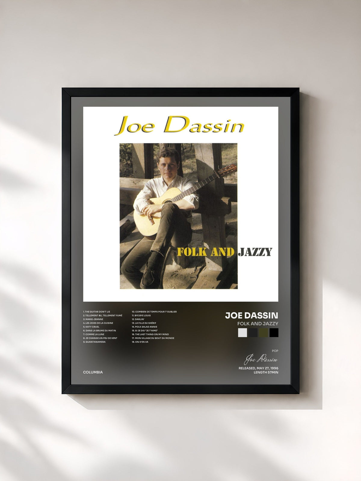 #noir Tableau de l'album Folk And Jazzy de Joe Dassin, cadre noir, imprimé et encadré en France