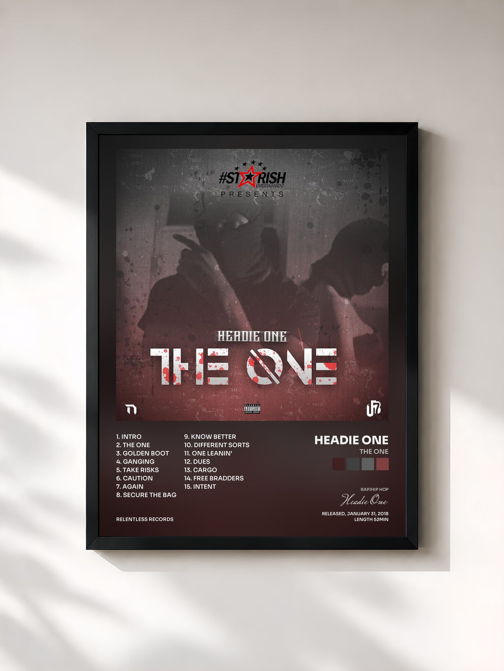 #noir Tableau de l'album The One de Headie One, cadre noir, imprimé et encadré en France