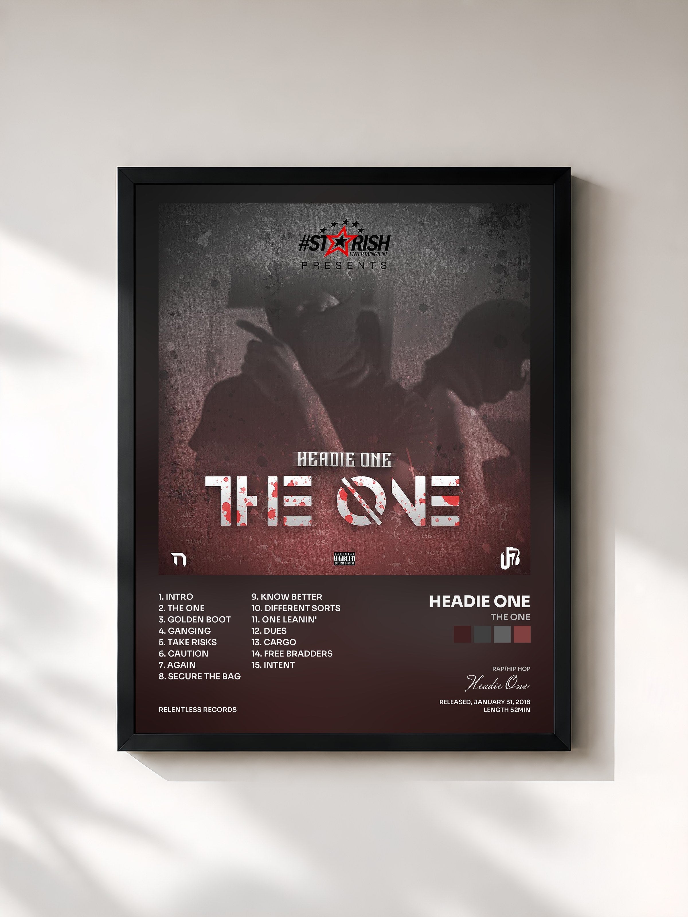#noir Tableau de l'album The One de Headie One, cadre noir, imprimé et encadré en France