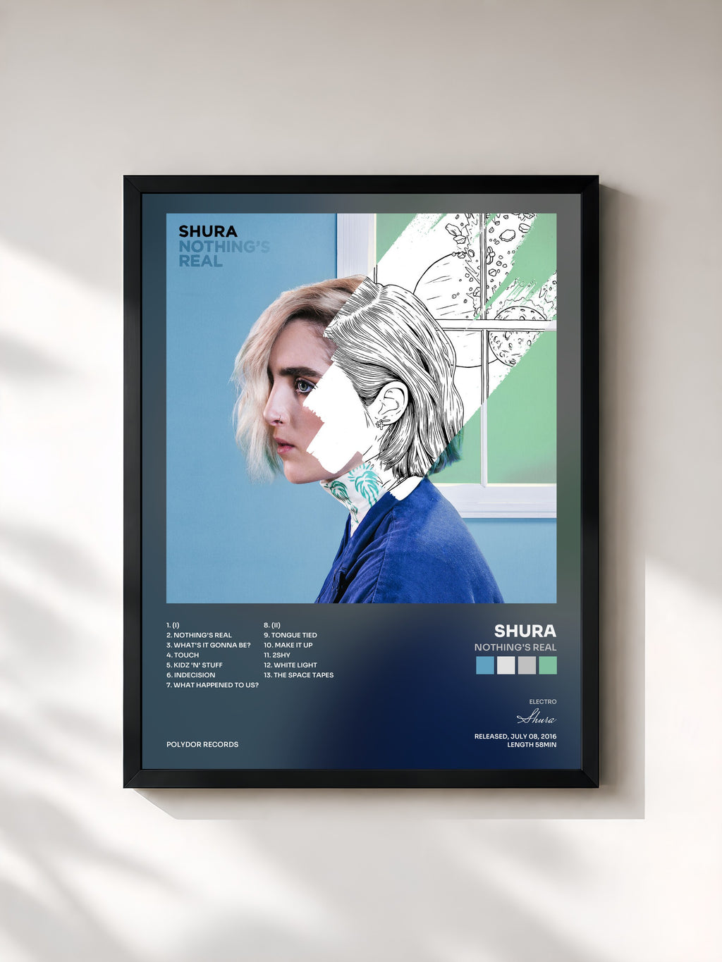 #noir Tableau de l'album Nothing's Real de Shura, cadre noir, imprimé et encadré en France