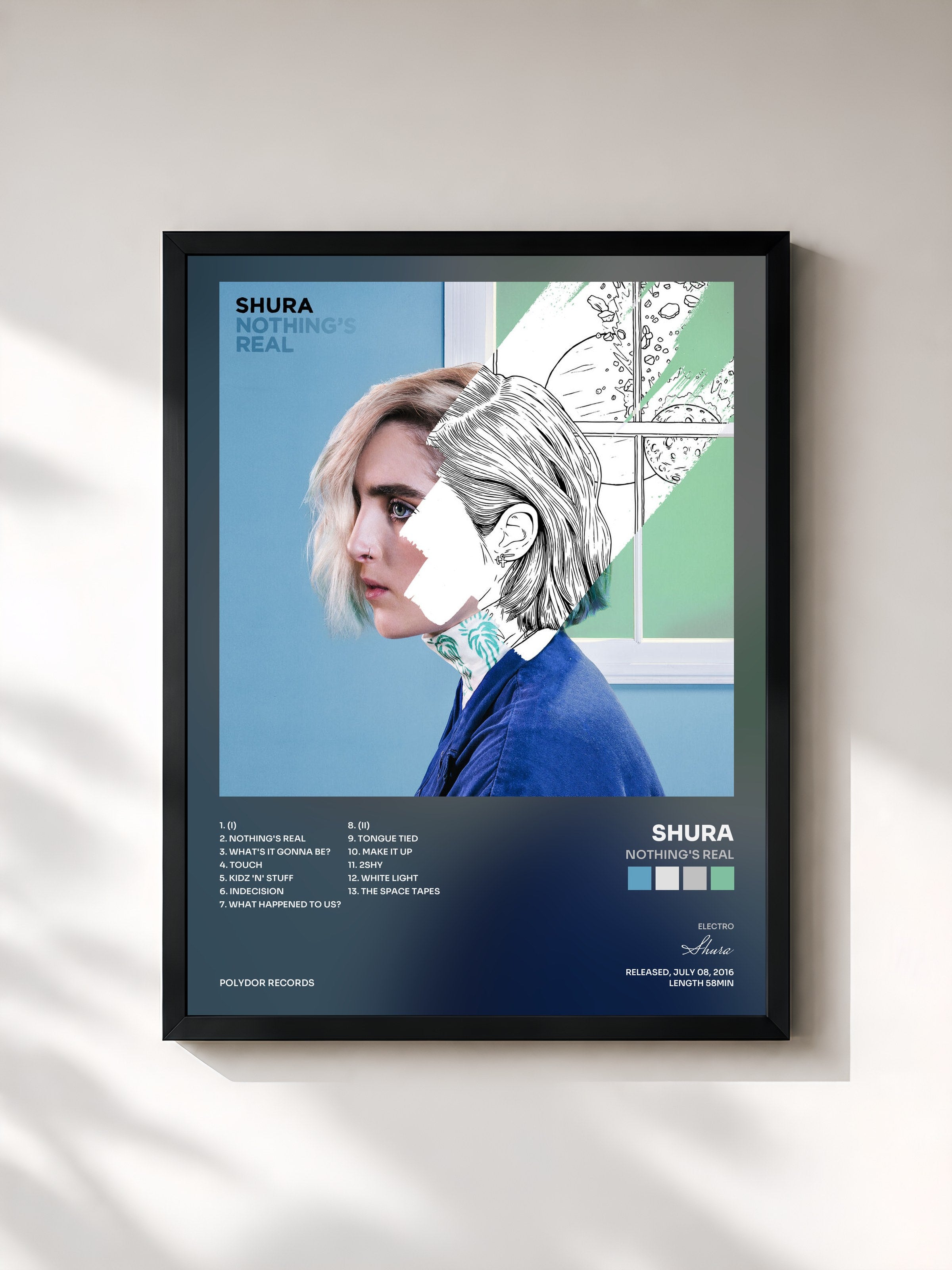 #noir Tableau de l'album Nothing's Real de Shura, cadre noir, imprimé et encadré en France