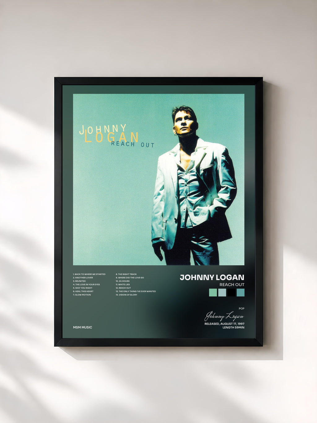 #noir Tableau de l'album Reach Out de Johnny Logan, cadre noir, imprimé et encadré en France