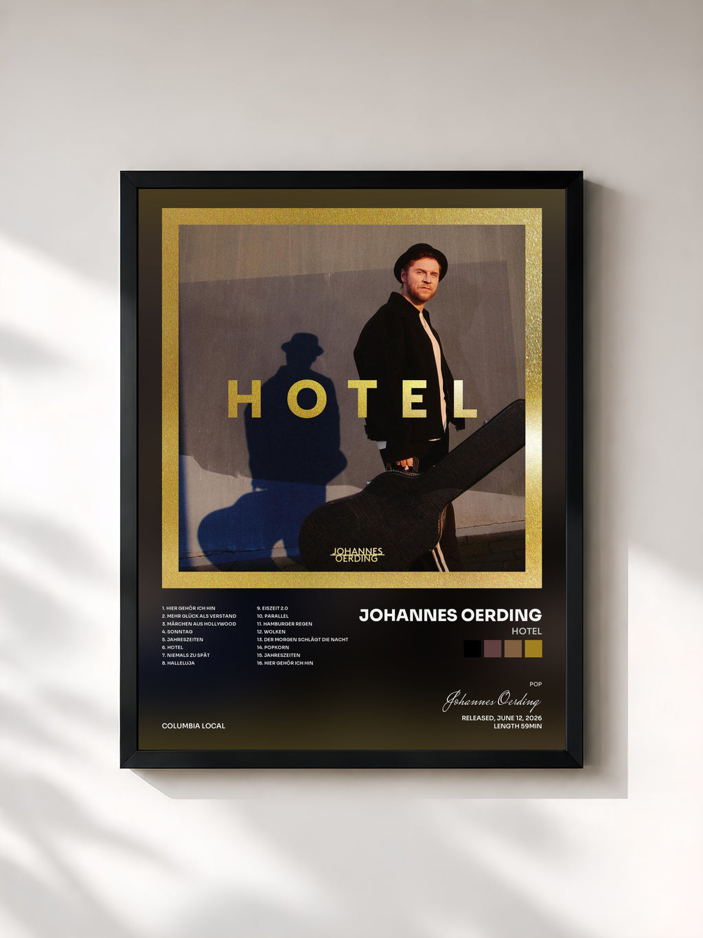 #noir Tableau de l'album Hotel de Johannes Oerding, cadre noir, imprimé et encadré en France