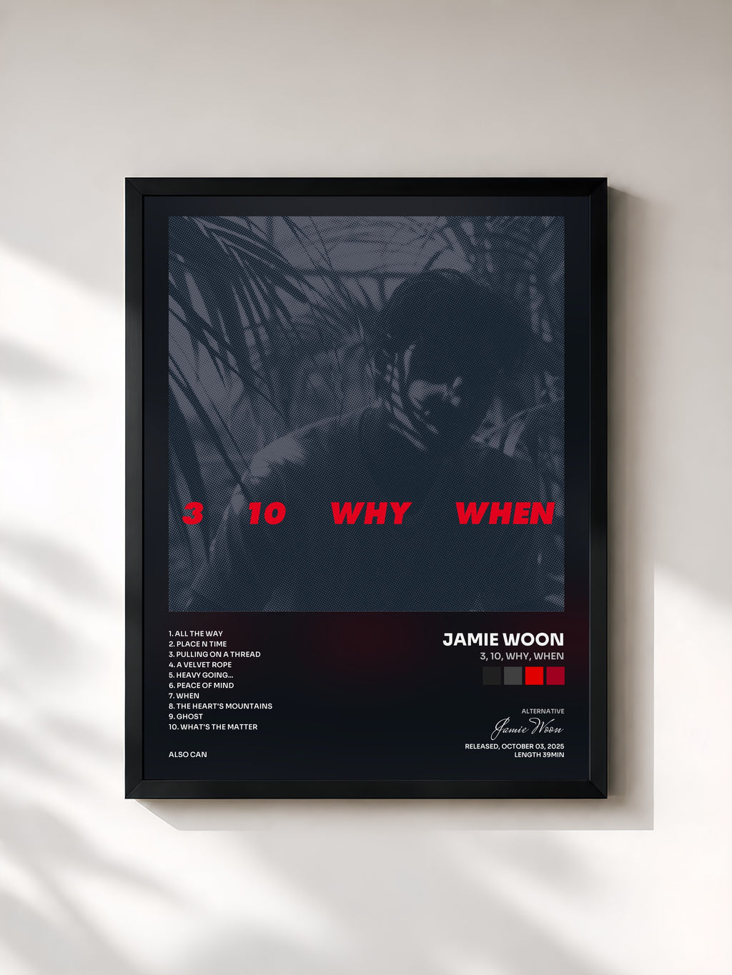 #noir Tableau de l'album 3, 10, Why, When de Jamie Woon, cadre noir, imprimé et encadré en France