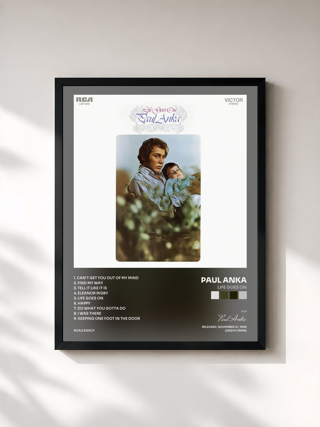 #noir Tableau de l'album Life Goes On de Paul Anka, cadre noir, imprimé et encadré en France
