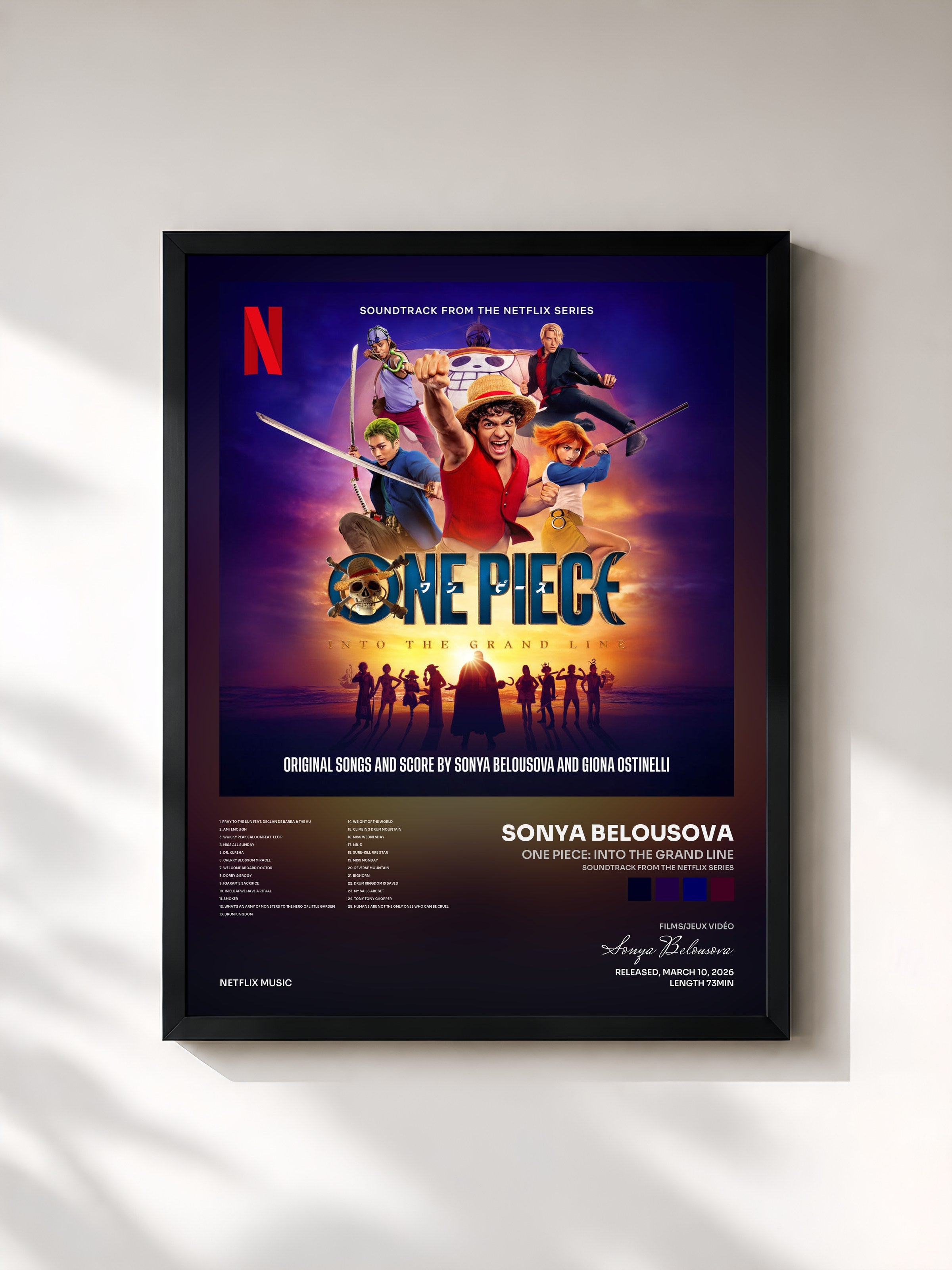 #noir Tableau de l'album One Piece: Into the Grand Line (Soundtrack from the Netflix Series) de Sonya Belousova, cadre noir, imprimé et encadré en France