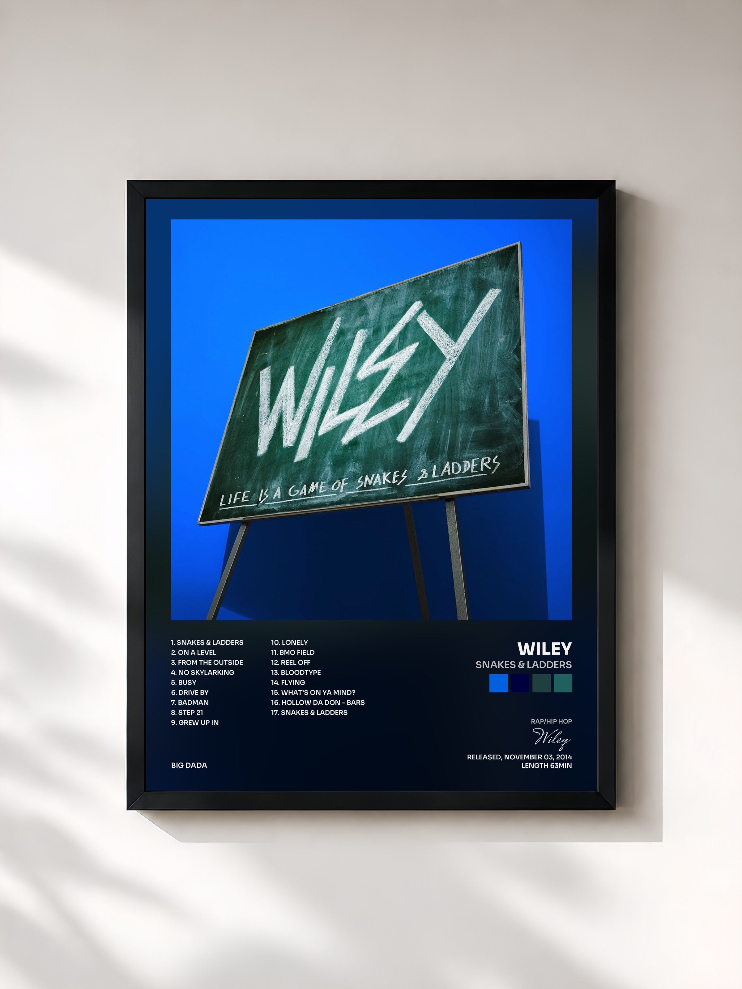 #noir Tableau de l'album Snakes & Ladders de Wiley, cadre noir, imprimé et encadré en France