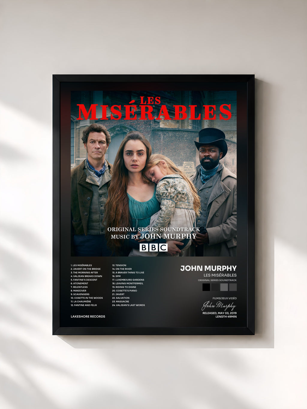 #noir Tableau de l'album Les Misérables (Original Series Soundtrack) de John Murphy, cadre noir, imprimé et encadré en France
