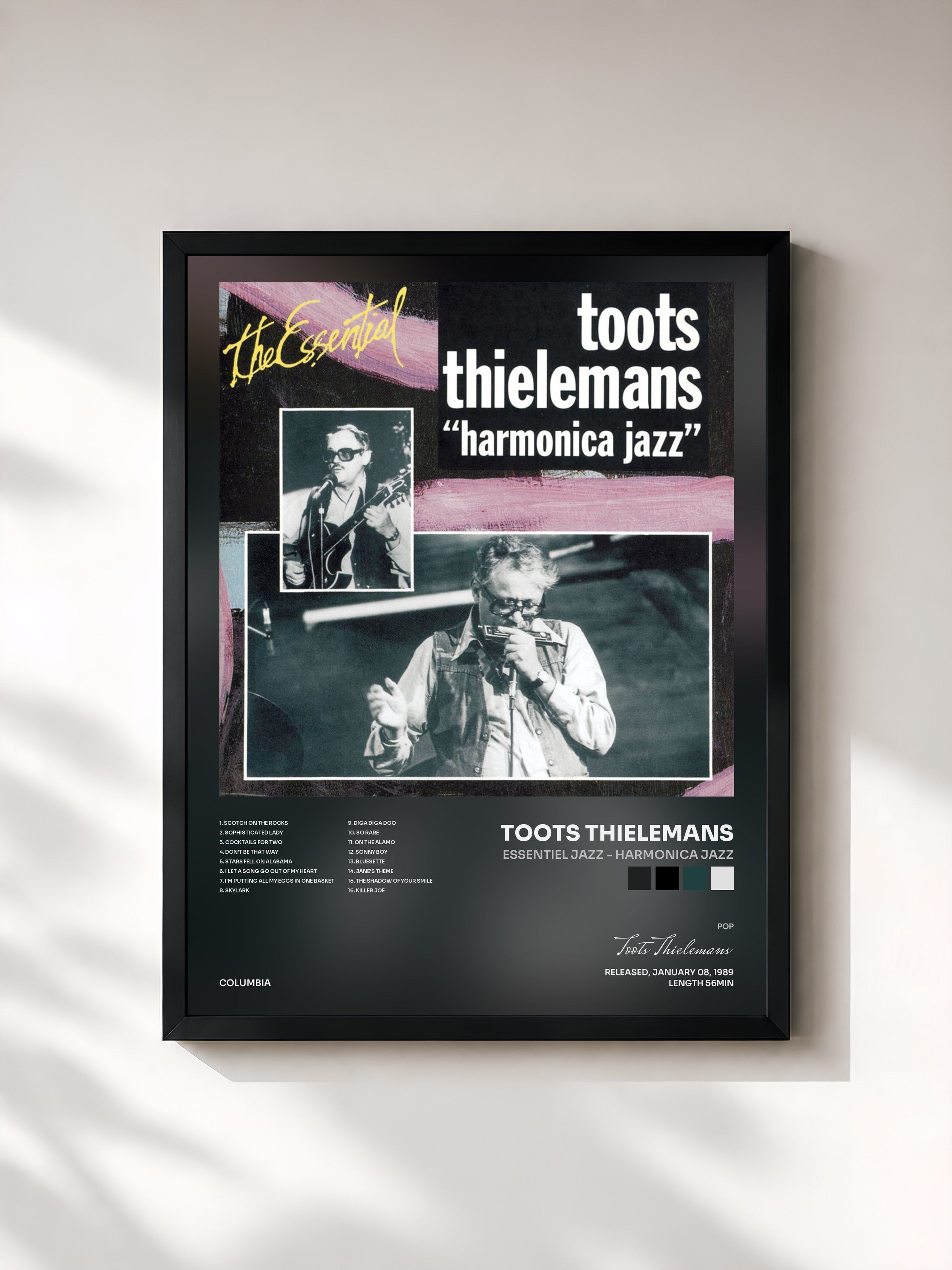 #noir Tableau de l'album Essentiel Jazz - Harmonica Jazz de Toots Thielemans, cadre noir, imprimé et encadré en France