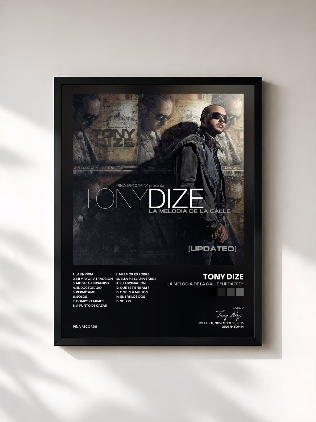 #noir Tableau de l'album La Melodia de la Calle "Updated" de Tony Dize, cadre noir, imprimé et encadré en France