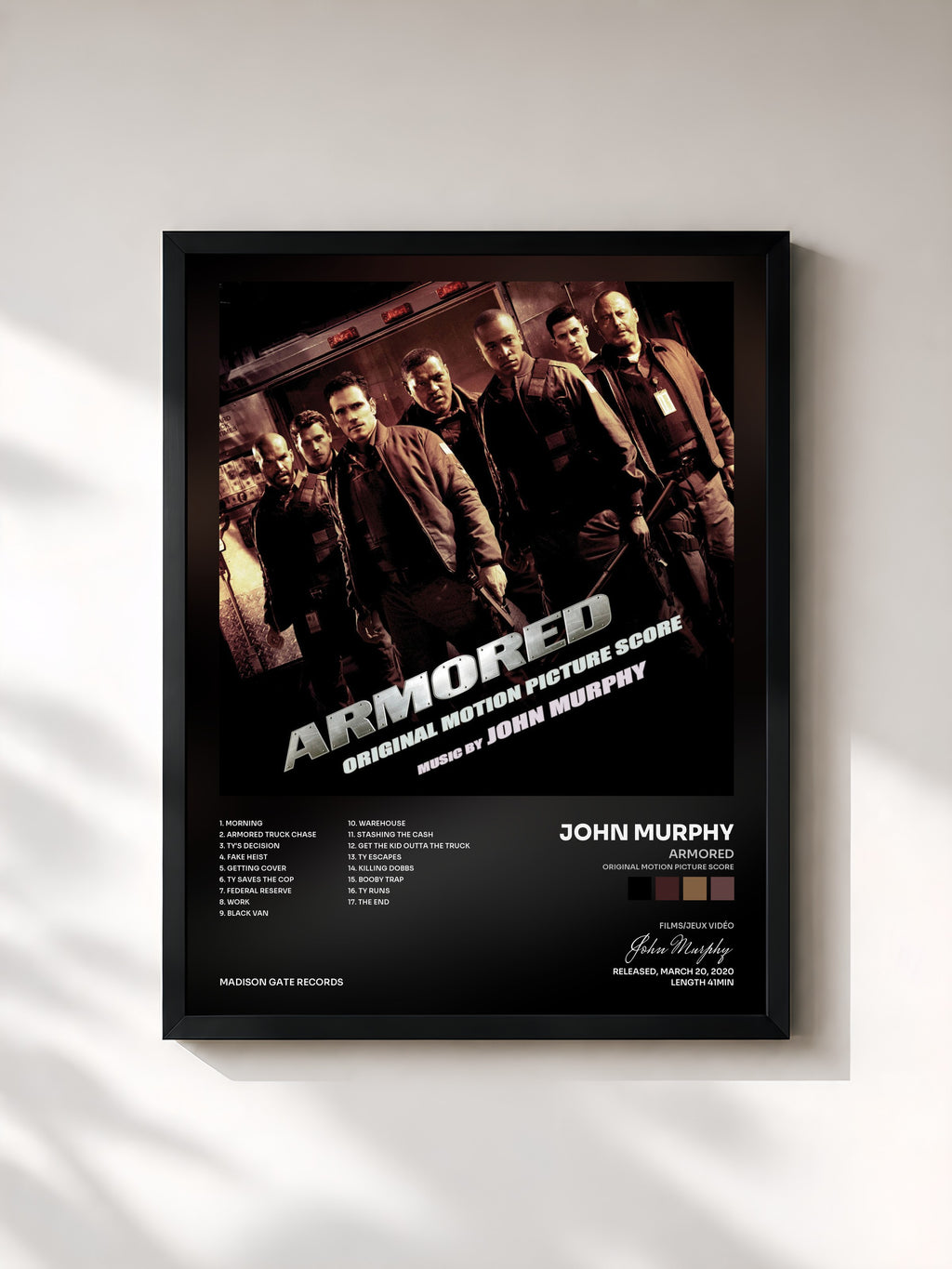 #noir Tableau de l'album Armored (Original Motion Picture Score) de John Murphy, cadre noir, imprimé et encadré en France