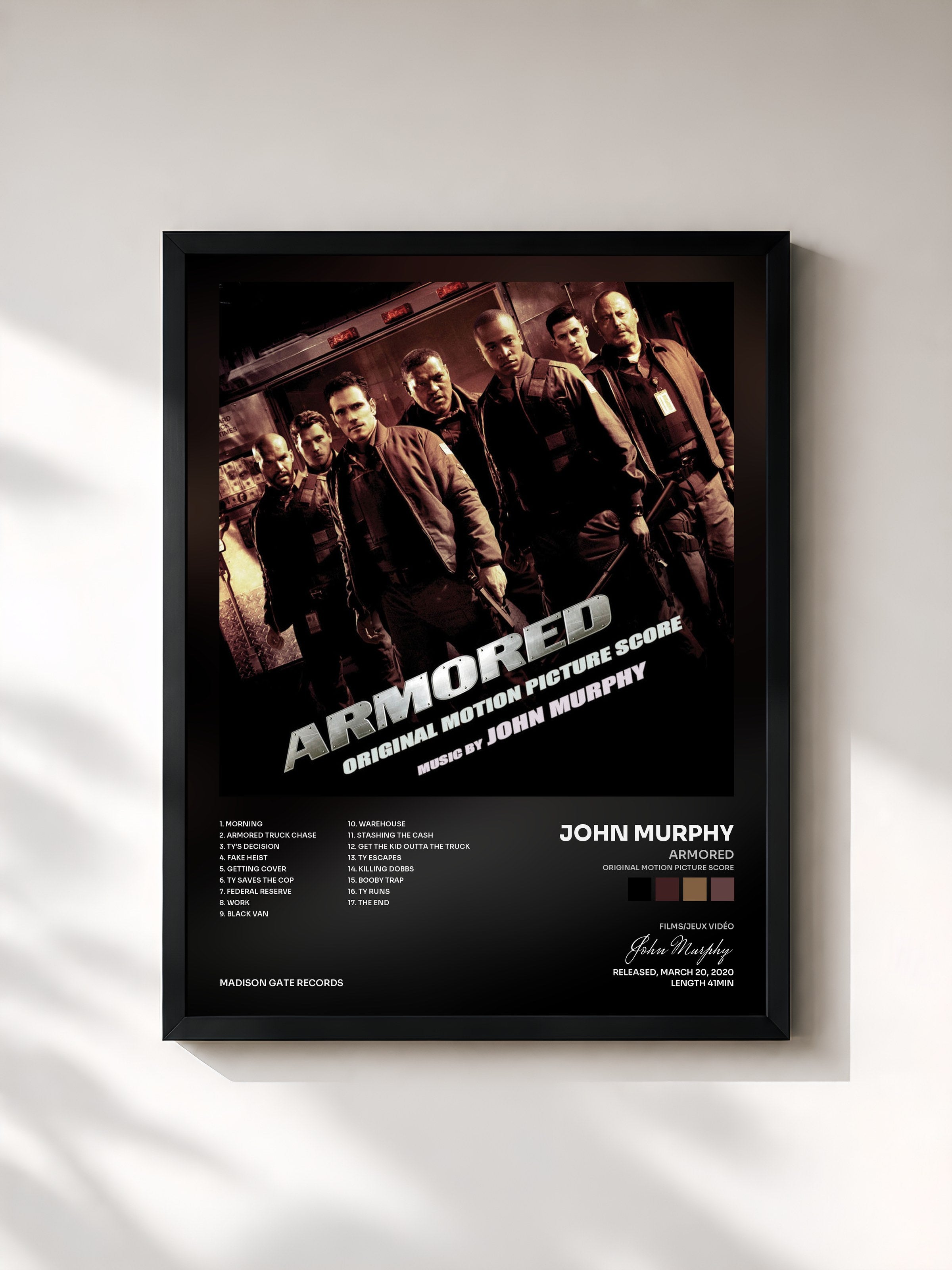 #noir Tableau de l'album Armored (Original Motion Picture Score) de John Murphy, cadre noir, imprimé et encadré en France