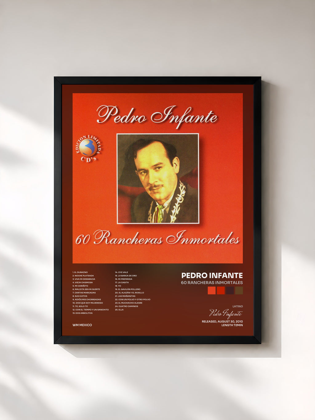 #noir Tableau de l'album 60 Rancheras Inmortales de Pedro Infante, cadre noir, imprimé et encadré en France