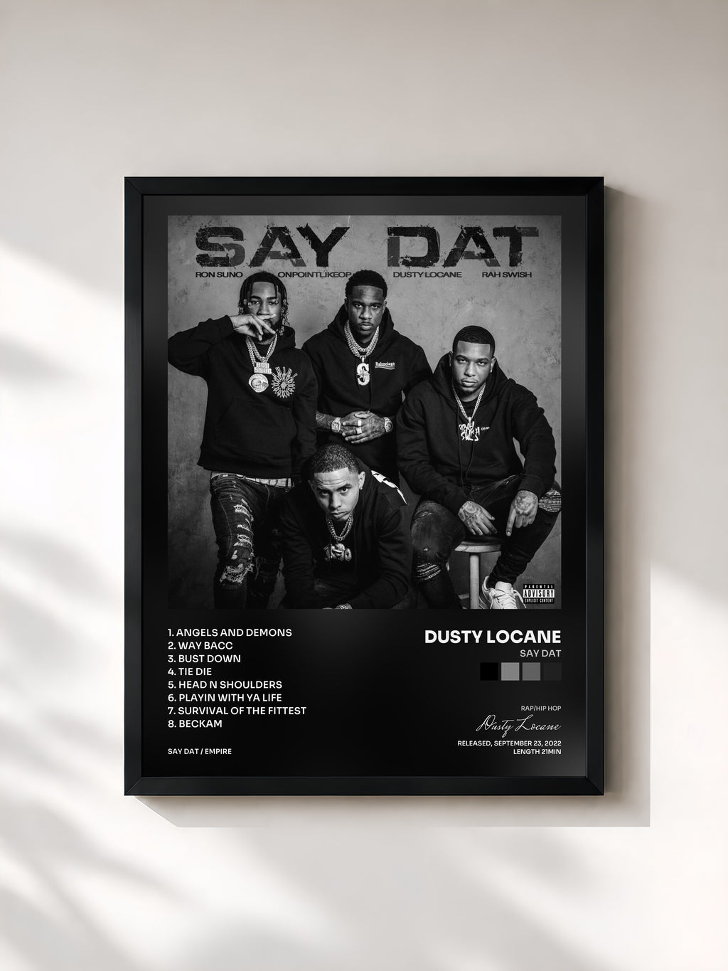 #noir Tableau de l'album SAY DAT de Dusty Locane, cadre noir, imprimé et encadré en France
