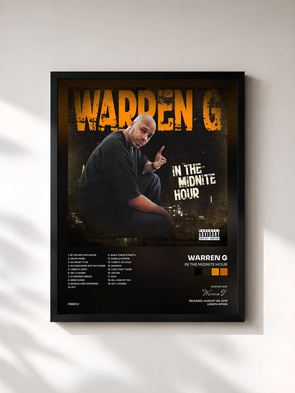 #noir Tableau de l'album In The Midnite Hour de Warren G, cadre noir, imprimé et encadré en France