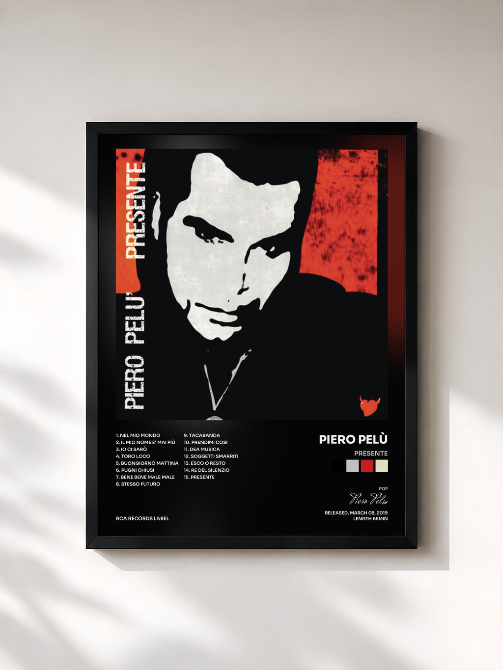 #noir Tableau de l'album Presente de Piero Pelù, cadre noir, imprimé et encadré en France