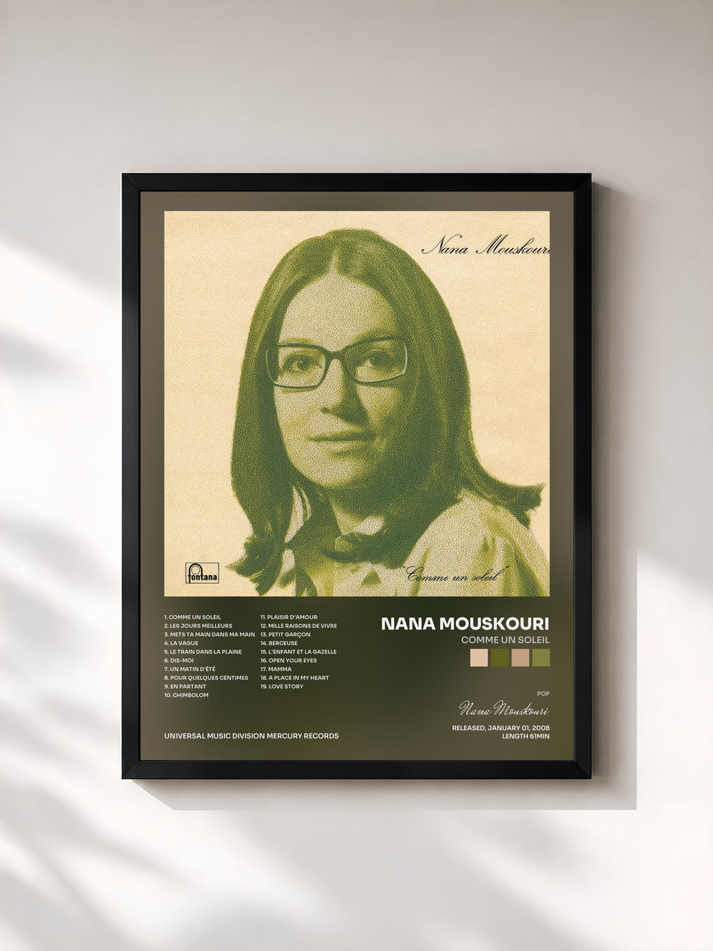 #noir Tableau de l'album Comme Un Soleil de Nana Mouskouri, cadre noir, imprimé et encadré en France