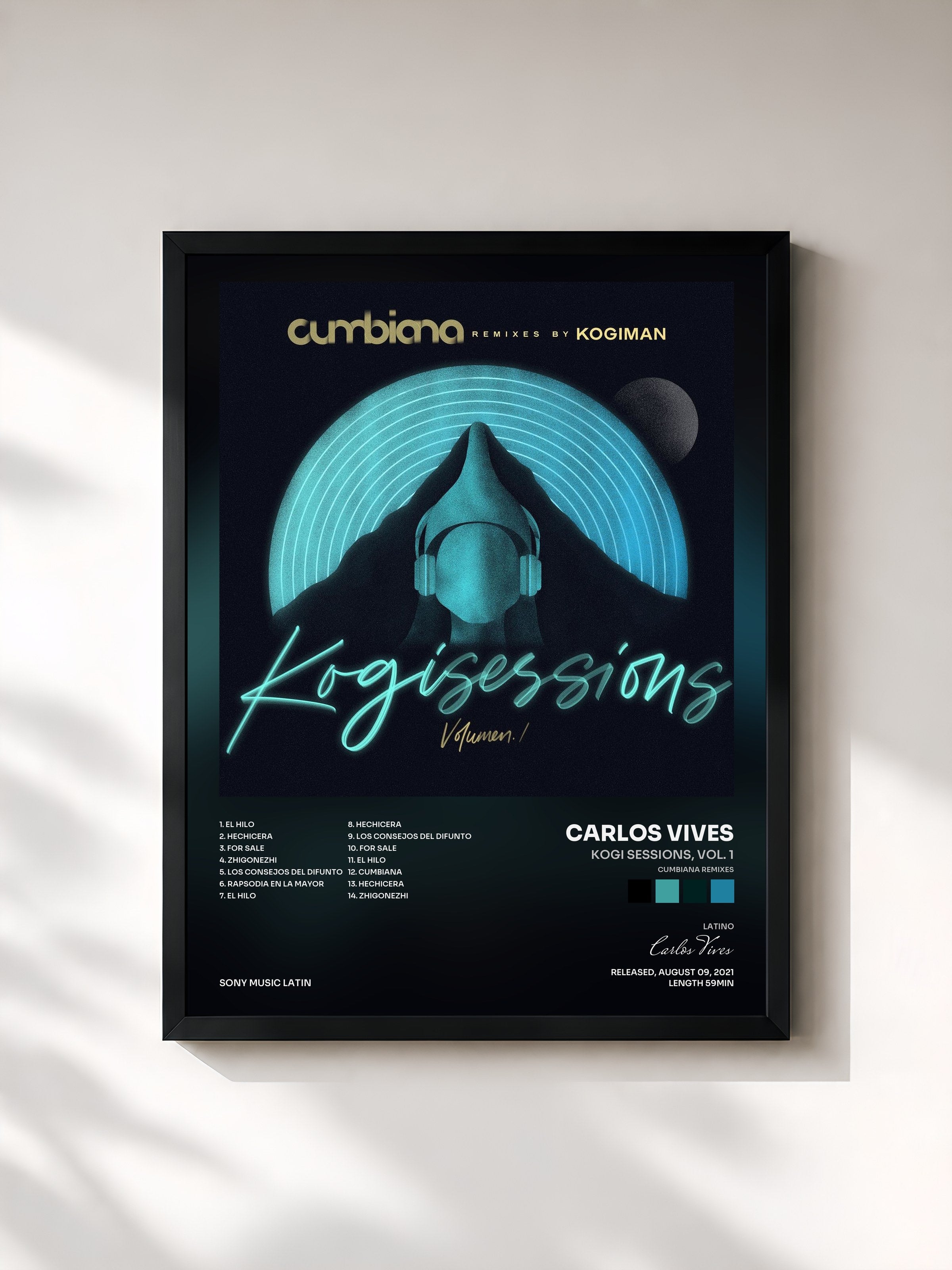 #noir Tableau de l'album KOGI SESSIONS, Vol. 1 (Cumbiana Remixes) de Carlos Vives, cadre noir, imprimé et encadré en France