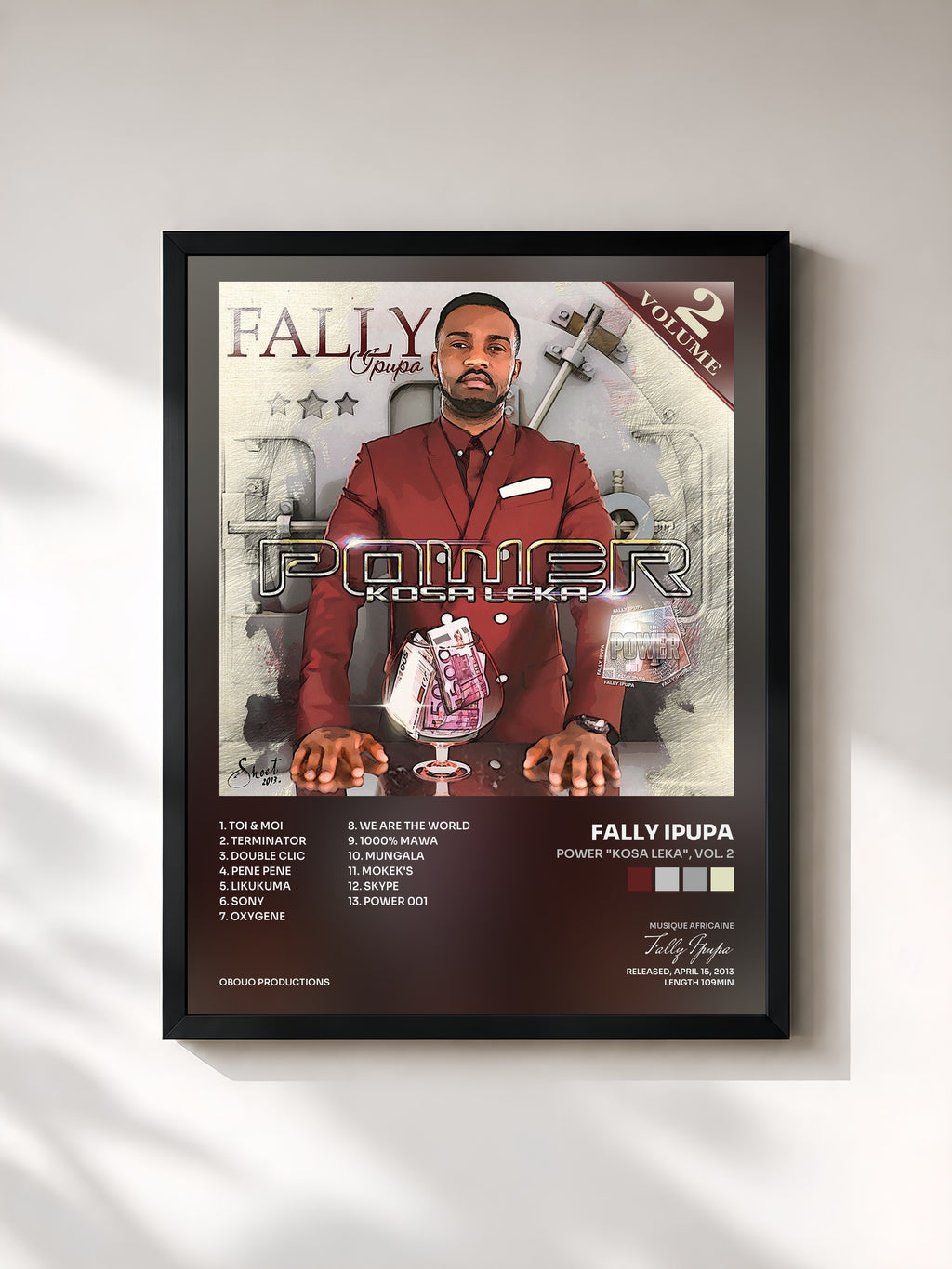 #noir Tableau de l'album Power "Kosa Leka", Vol. 2 de Fally Ipupa, cadre noir, imprimé et encadré en France