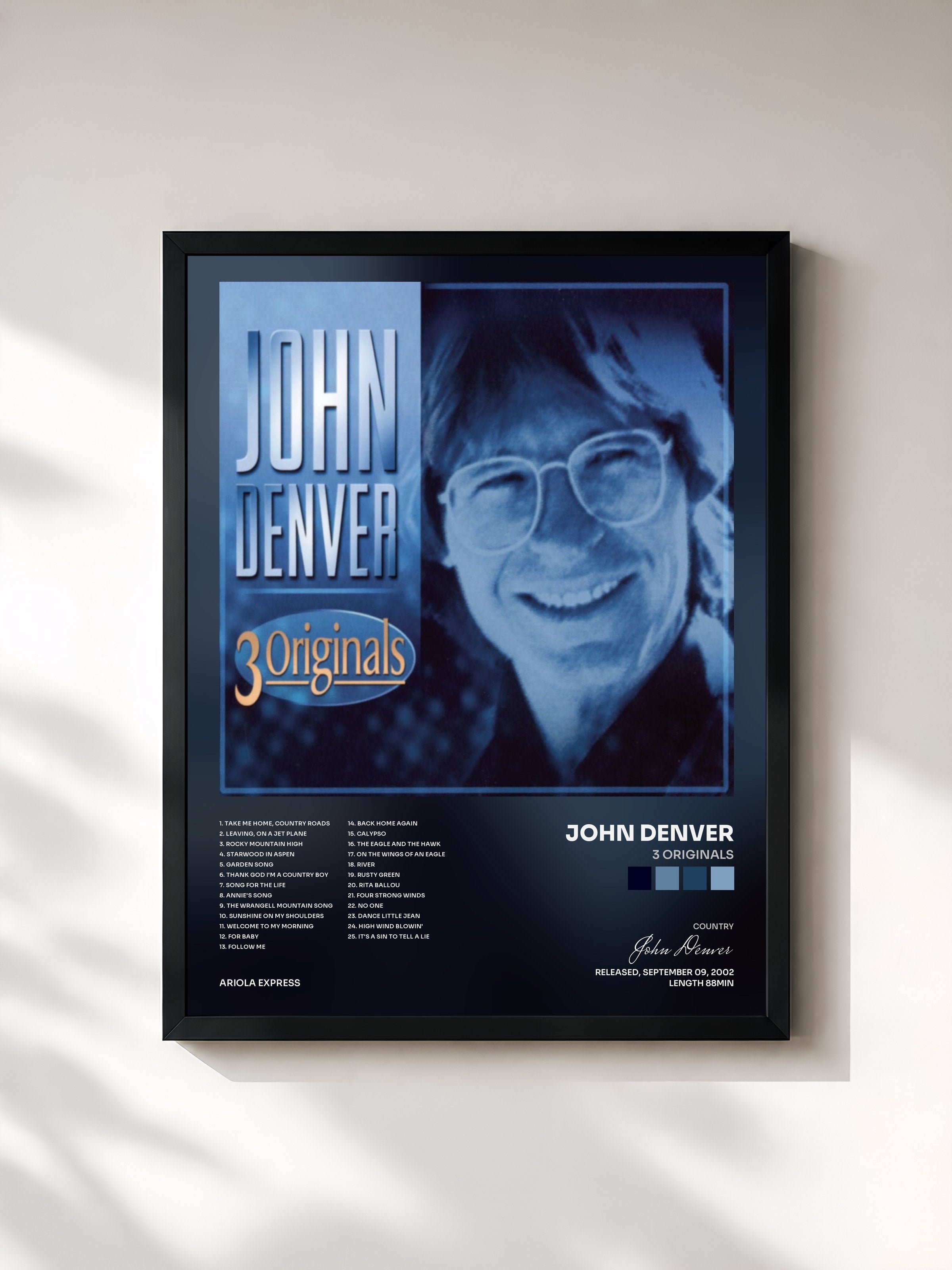 #noir Tableau de l'album 3 Originals de John Denver, cadre noir, imprimé et encadré en France