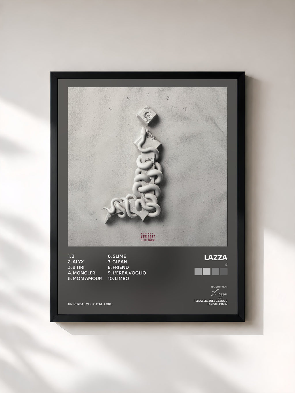 #noir Tableau de l'album J de Lazza, cadre noir, imprimé et encadré en France