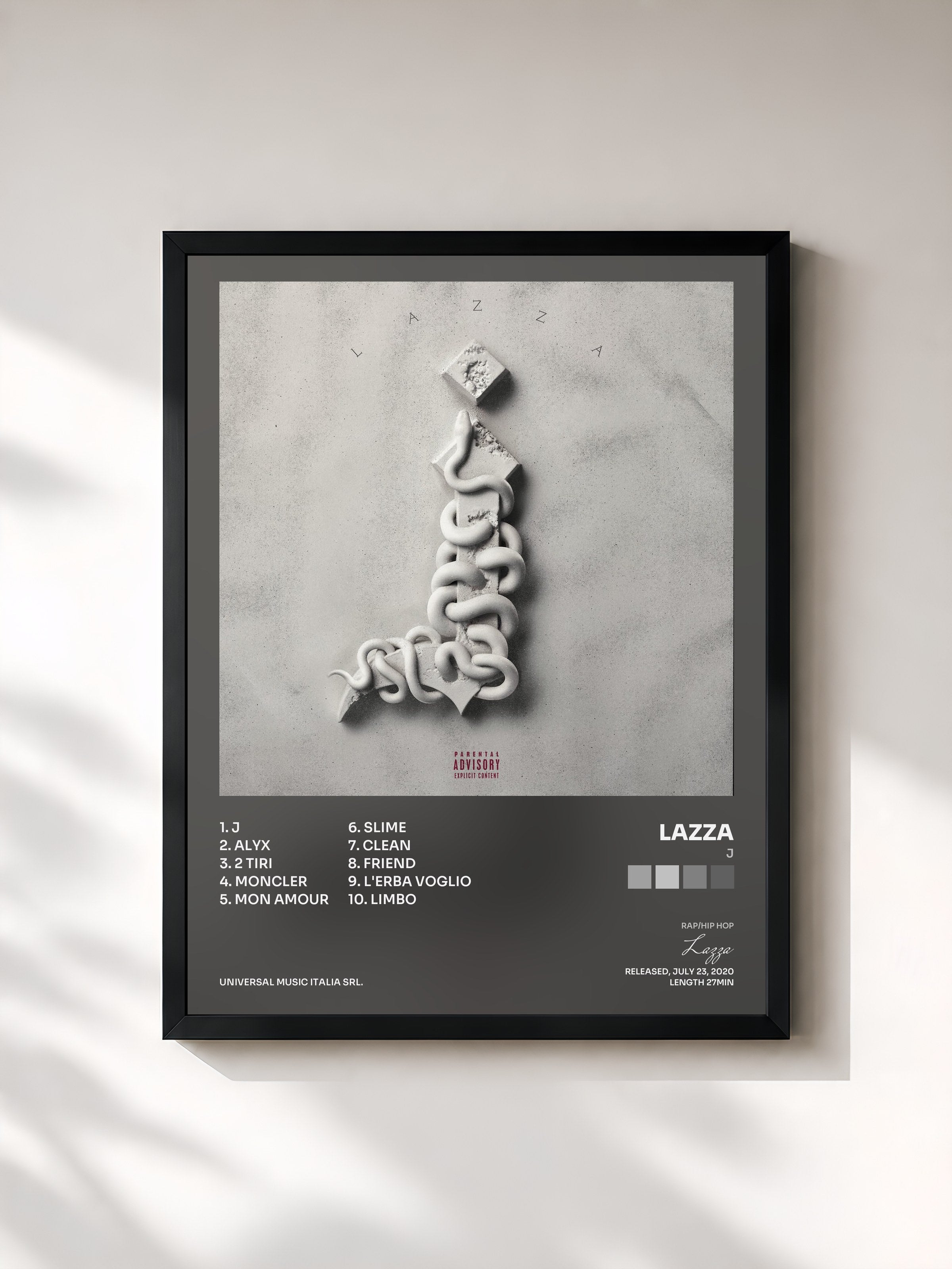 #noir Tableau de l'album J de Lazza, cadre noir, imprimé et encadré en France