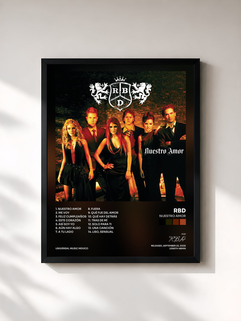 #noir Tableau de l'album Nuestro Amor de RBD, cadre noir, imprimé et encadré en France