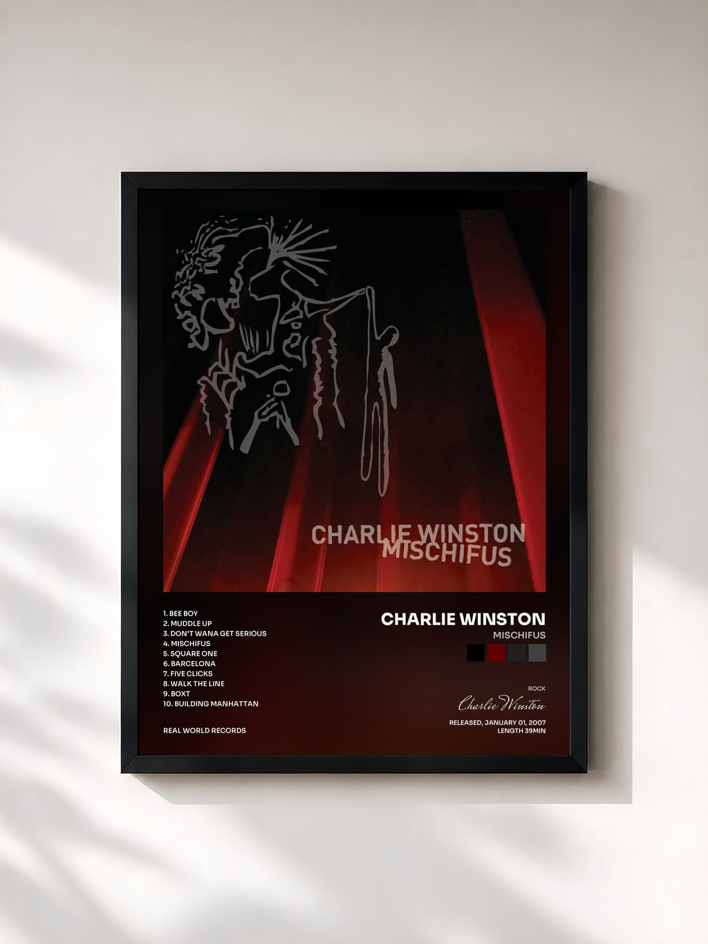 #noir Tableau de l'album Mischifus de Charlie Winston, cadre noir, imprimé et encadré en France