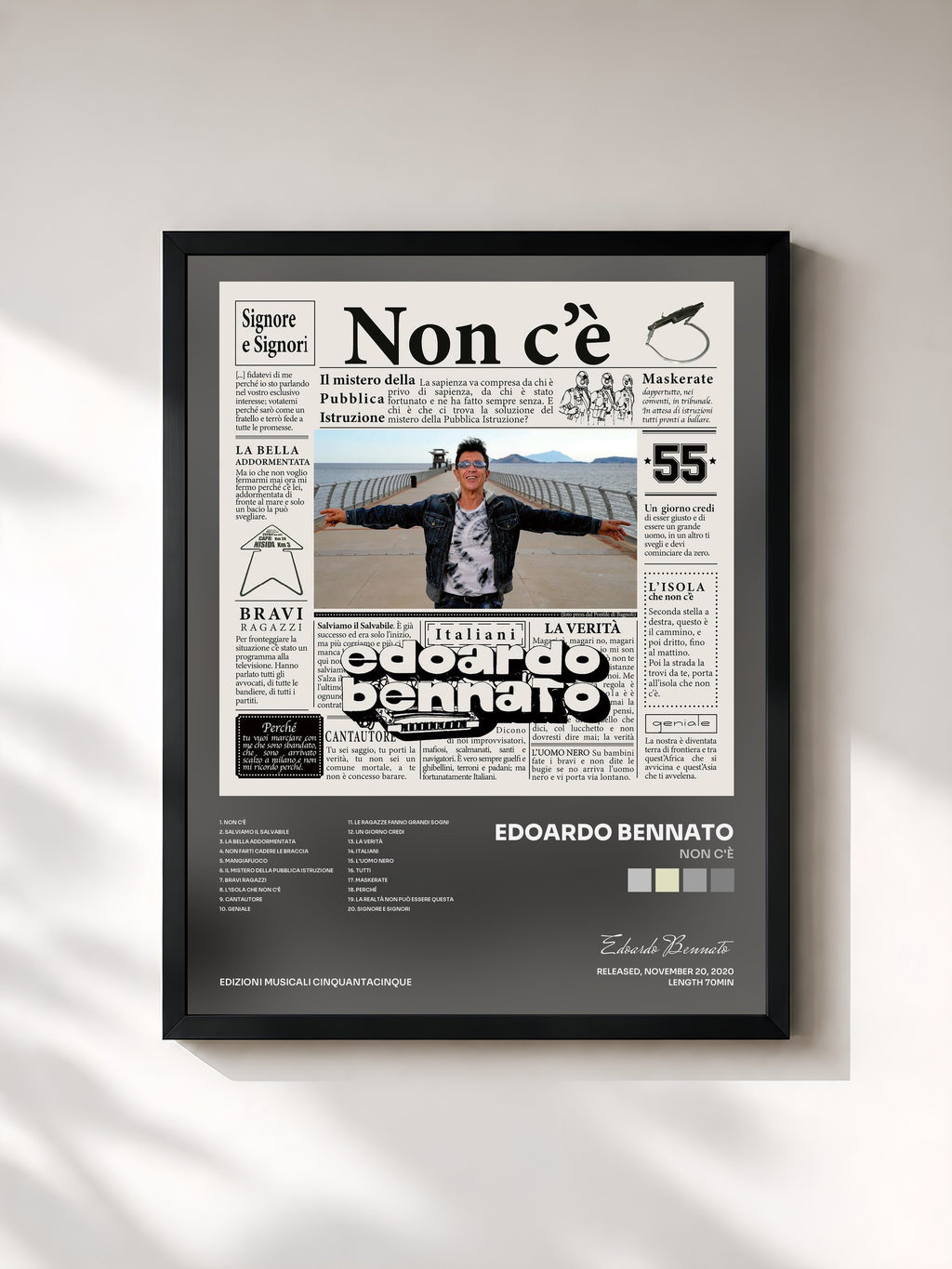 #noir Tableau de l'album Non c'è de Edoardo Bennato, cadre noir, imprimé et encadré en France