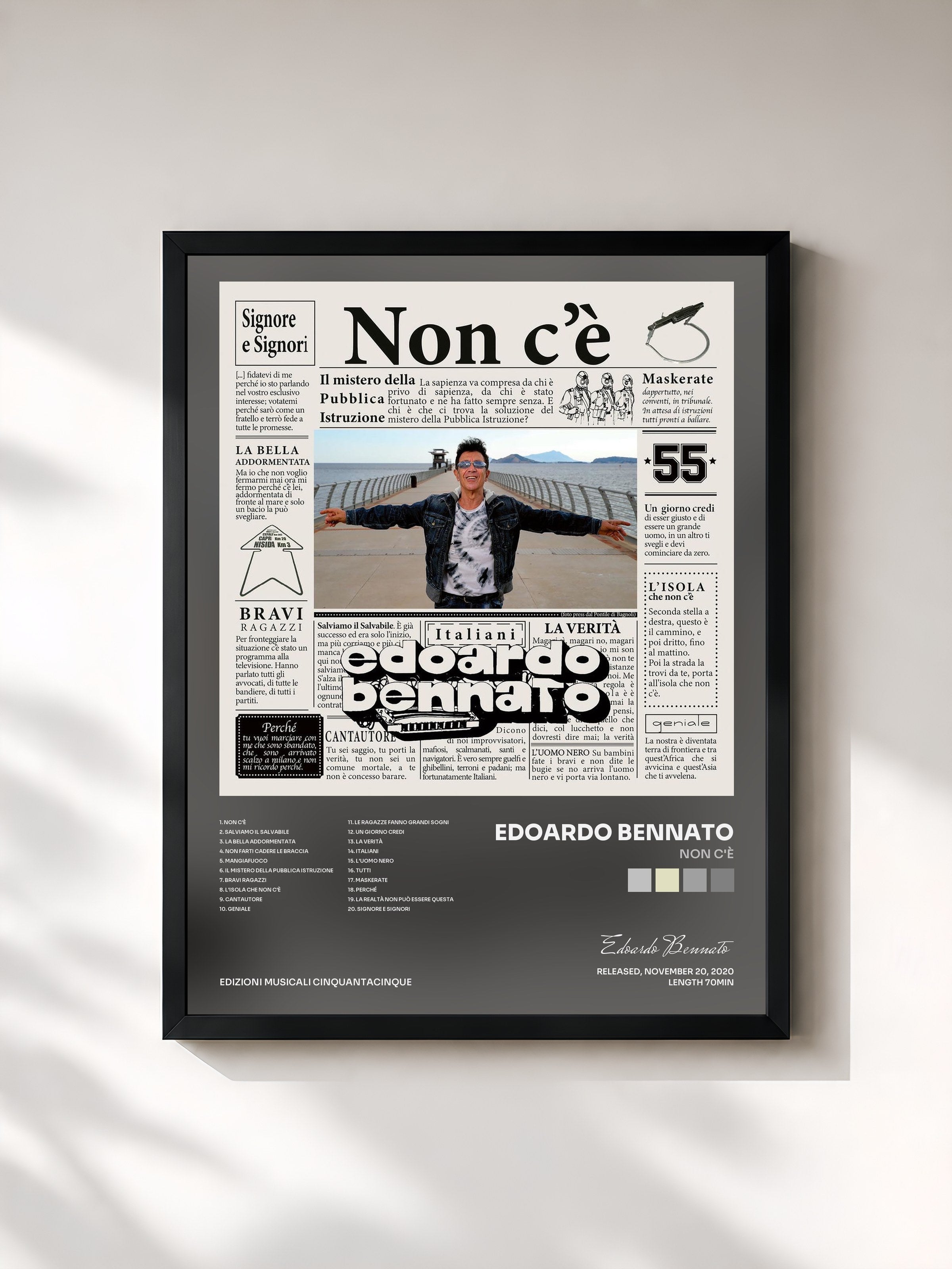 #noir Tableau de l'album Non c'è de Edoardo Bennato, cadre noir, imprimé et encadré en France