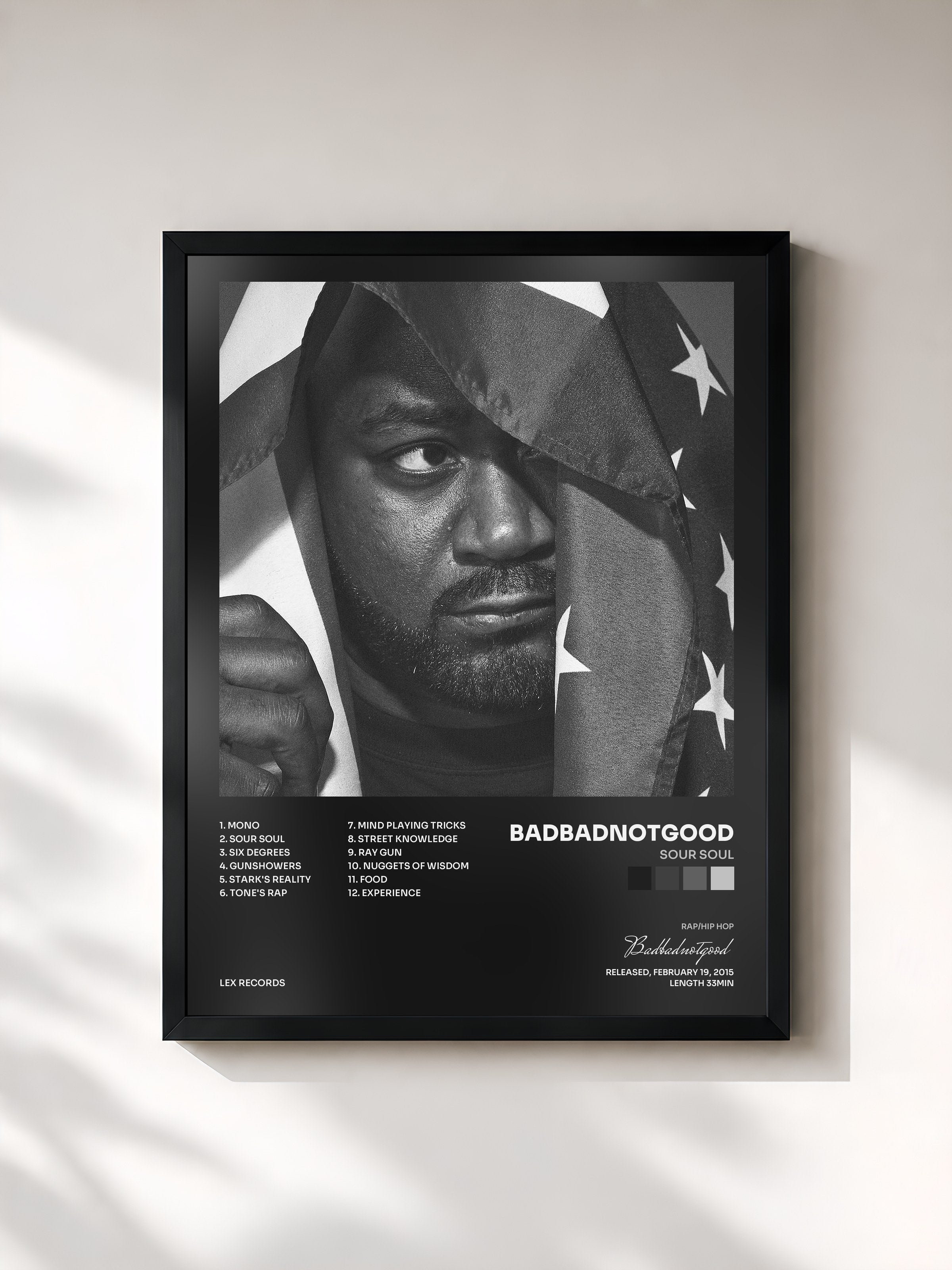 #noir Tableau de l'album Sour Soul de Badbadnotgood, cadre noir, imprimé et encadré en France