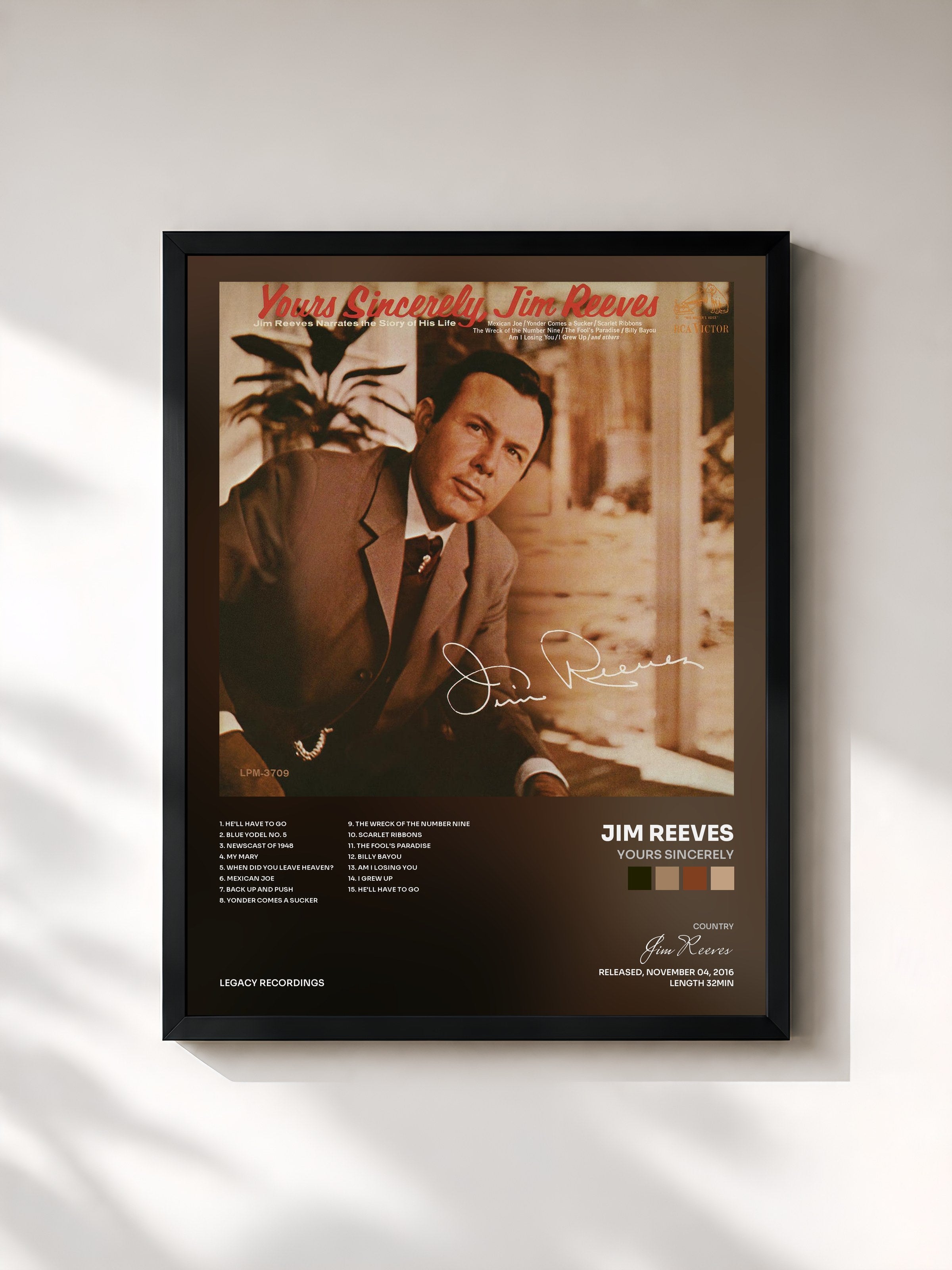 #noir Tableau de l'album Yours Sincerely de Jim Reeves, cadre noir, imprimé et encadré en France