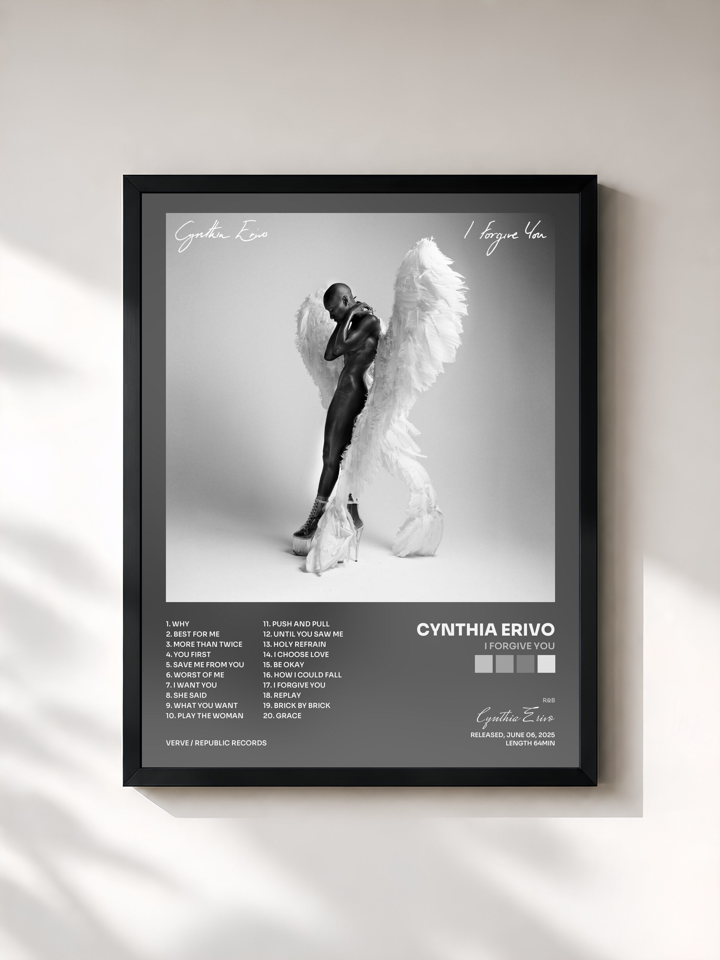 #noir Tableau de l'album I Forgive You de Cynthia Erivo, cadre noir, imprimé et encadré en France