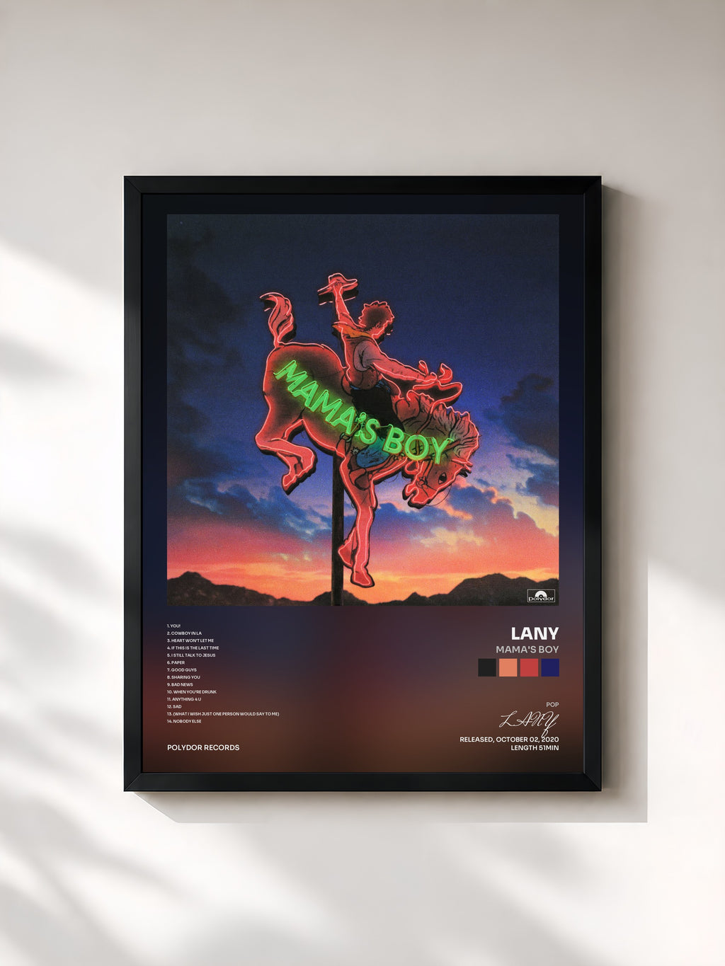#noir Tableau de l'album mama's boy de LANY, cadre noir, imprimé et encadré en France