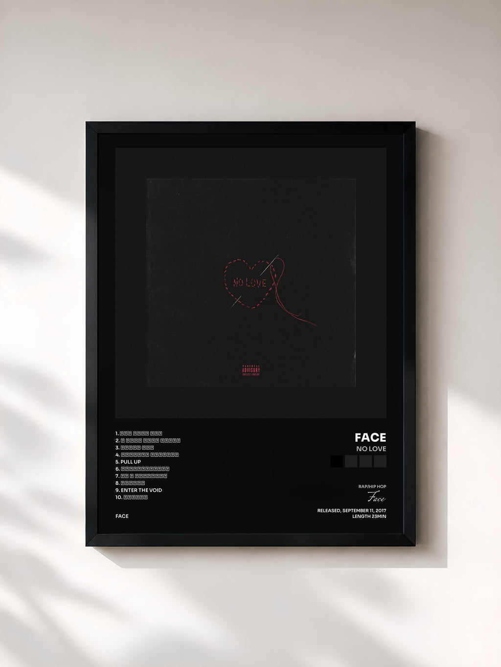 #noir Tableau de l'album NO LOVE de Face, cadre noir, imprimé et encadré en France