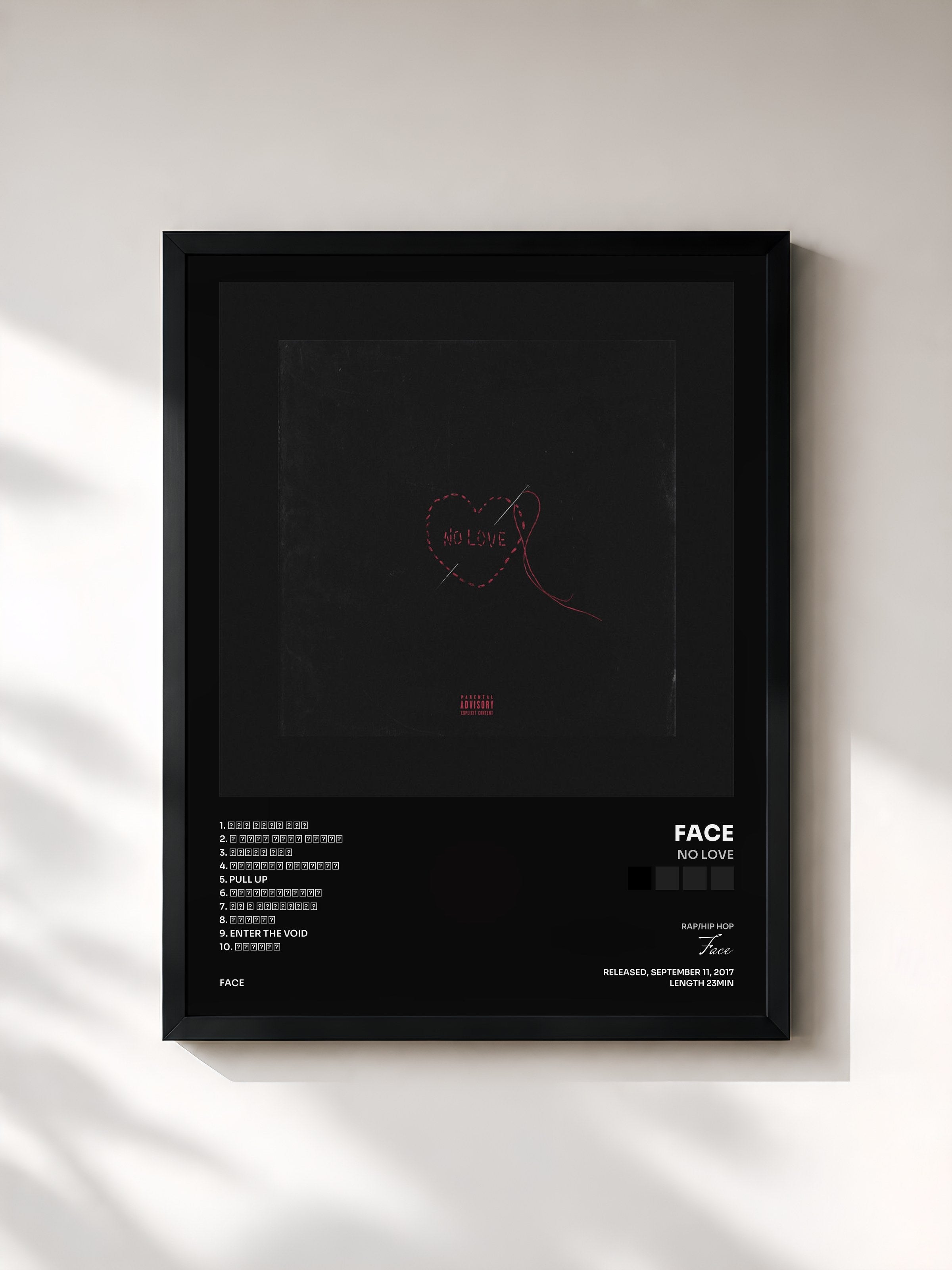 #noir Tableau de l'album NO LOVE de Face, cadre noir, imprimé et encadré en France
