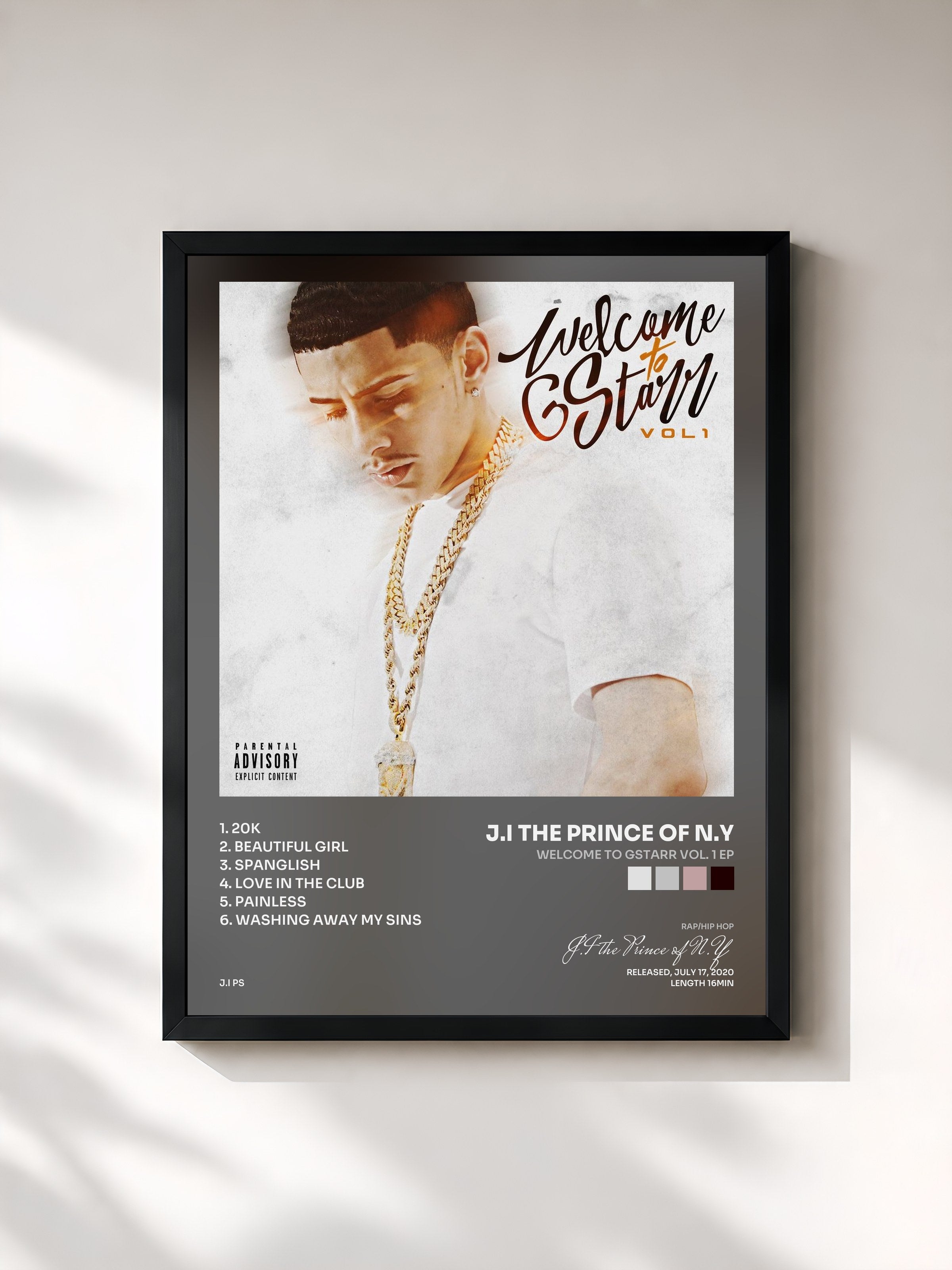 #noir Tableau de l'album Welcome to GStarr Vol. 1 EP de J.I the Prince of N.Y, cadre noir, imprimé et encadré en France