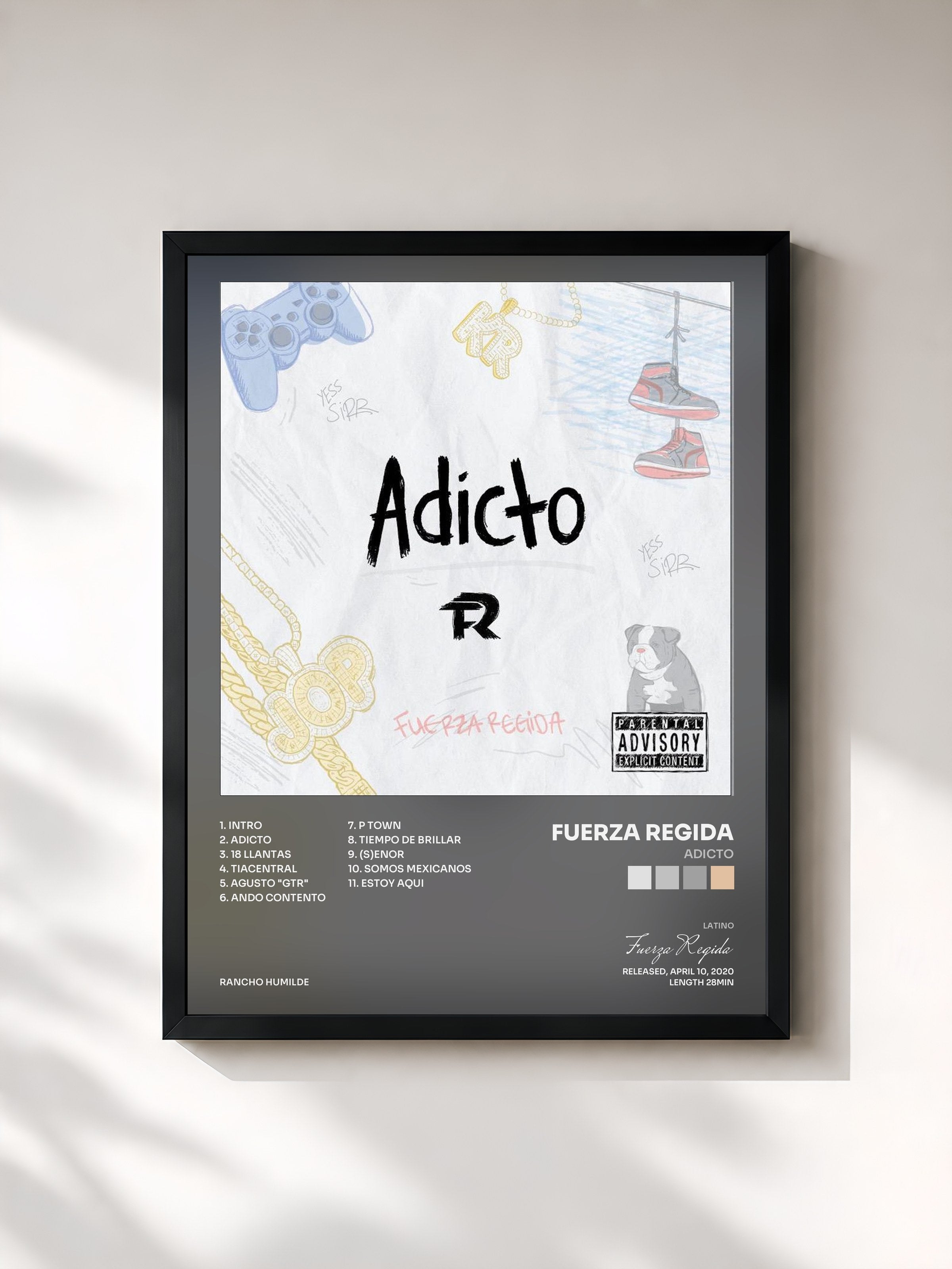#noir Tableau de l'album Adicto de Fuerza Regida, cadre noir, imprimé et encadré en France