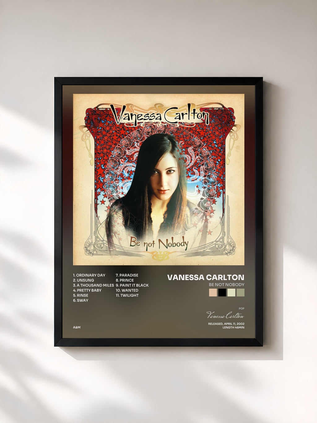 #noir Tableau de l'album Be Not Nobody de Vanessa Carlton, cadre noir, imprimé et encadré en France