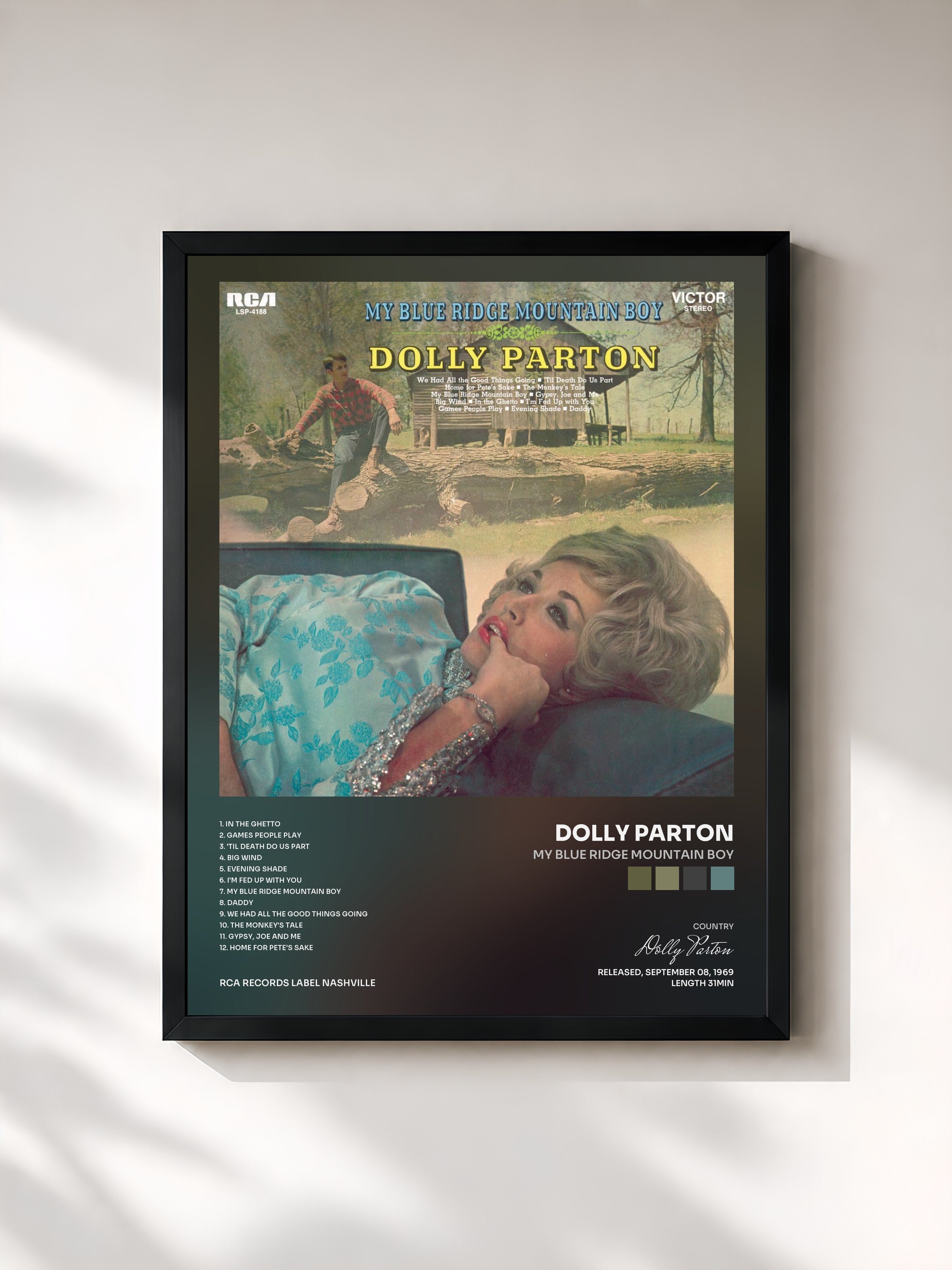 #noir Tableau de l'album My Blue Ridge Mountain Boy de Dolly Parton, cadre noir, imprimé et encadré en France