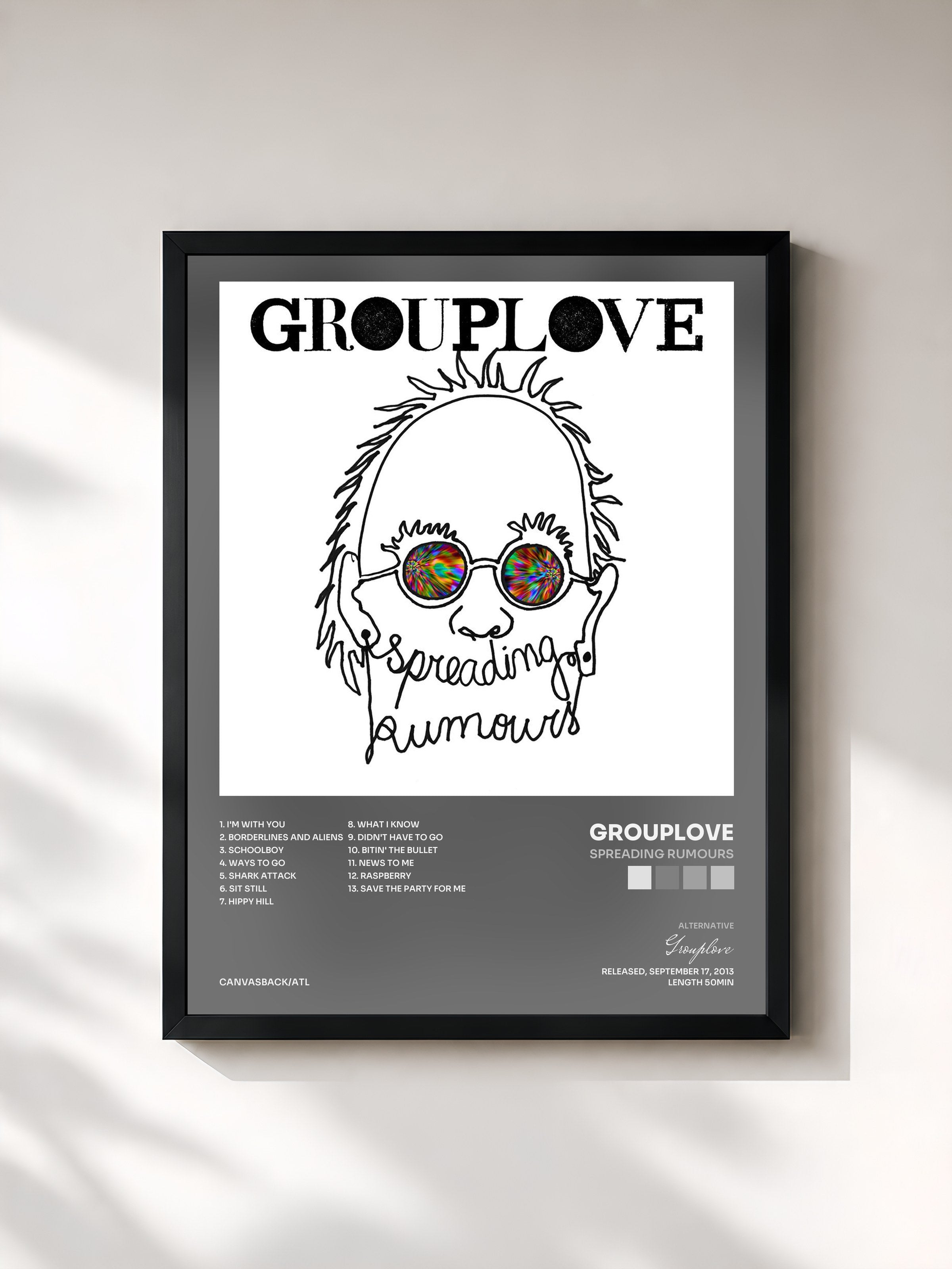 #noir Tableau de l'album Spreading Rumours de Grouplove, cadre noir, imprimé et encadré en France