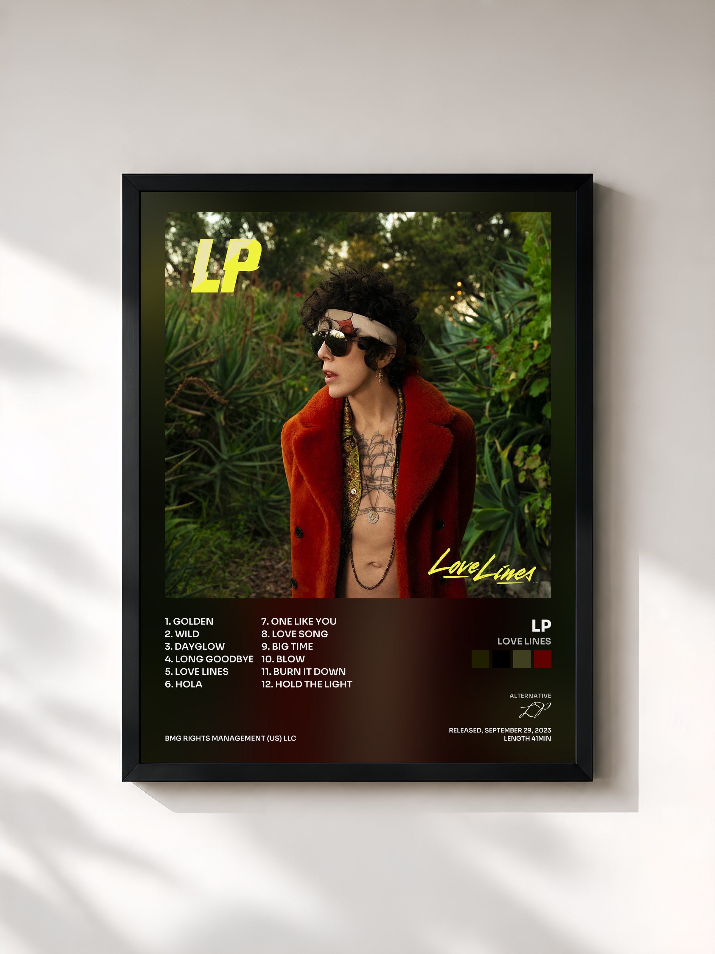 #noir Tableau de l'album Love Lines de LP, cadre noir, imprimé et encadré en France