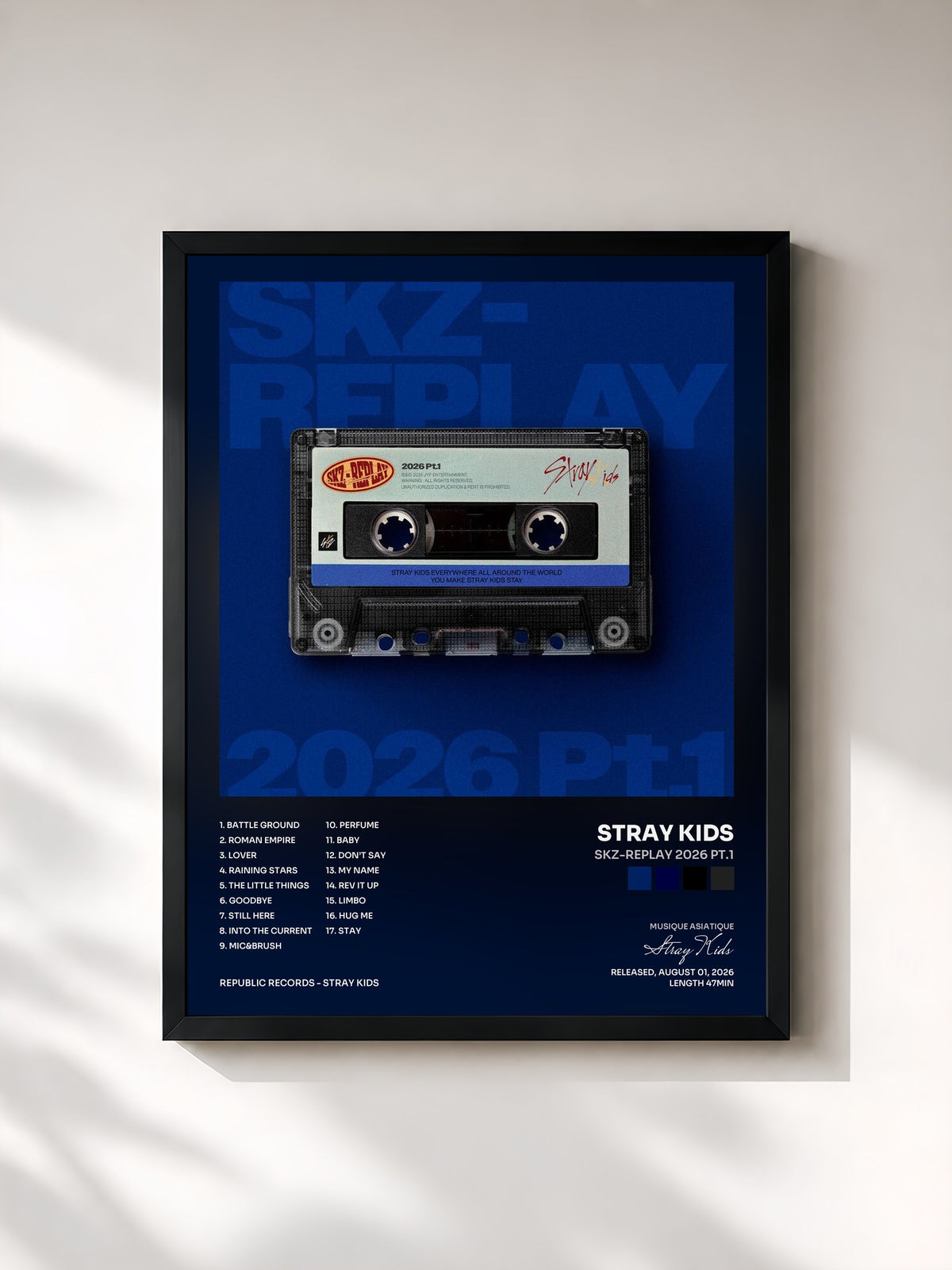 #noir Tableau de l'album SKZ-REPLAY 2026 Pt.1 de Stray Kids, cadre noir, imprimé et encadré en France