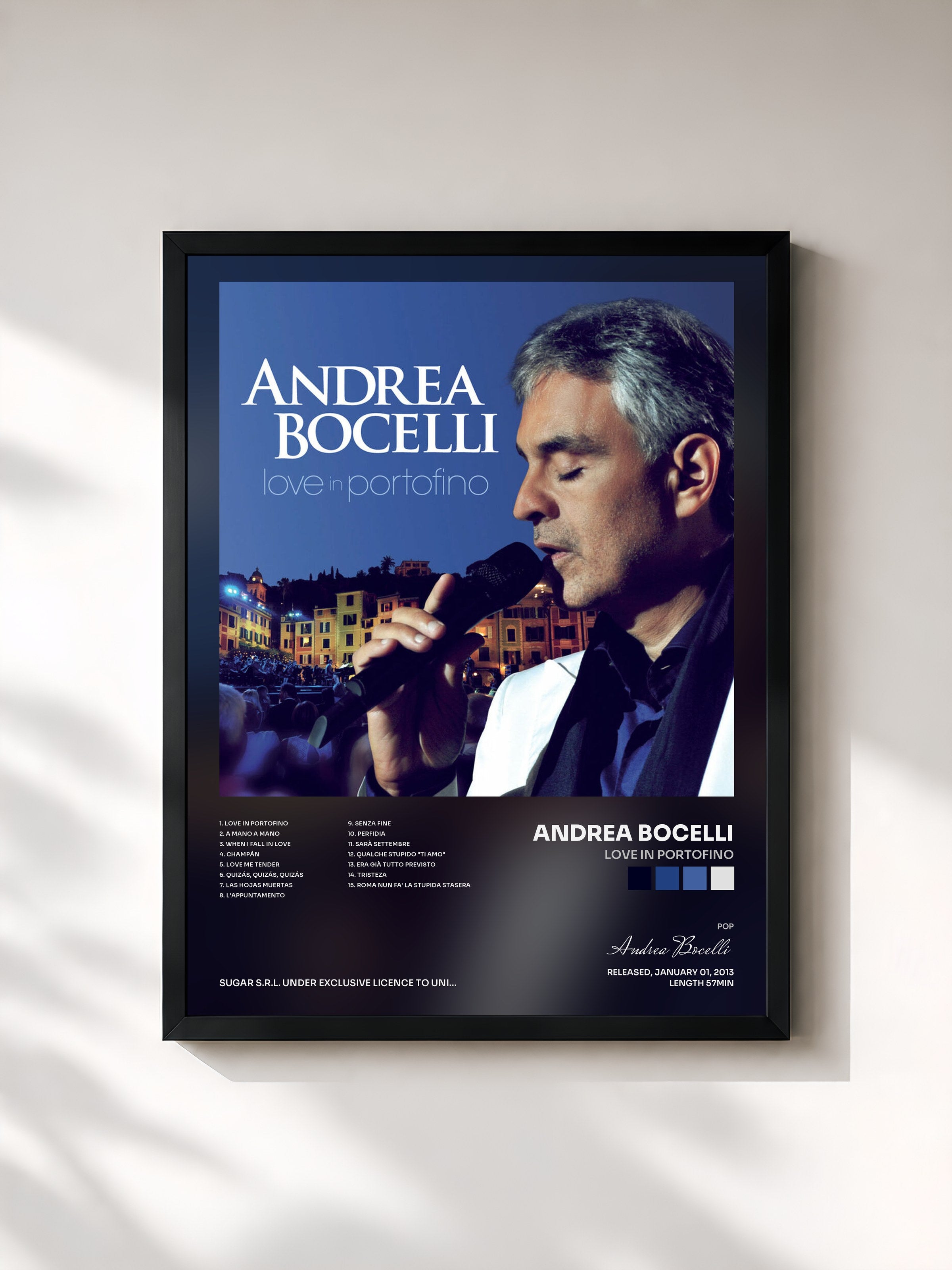 #noir Tableau de l'album Love In Portofino de Andrea Bocelli, cadre noir, imprimé et encadré en France