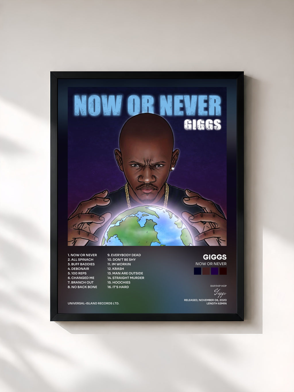 #noir Tableau de l'album Now Or Never de Giggs, cadre noir, imprimé et encadré en France
