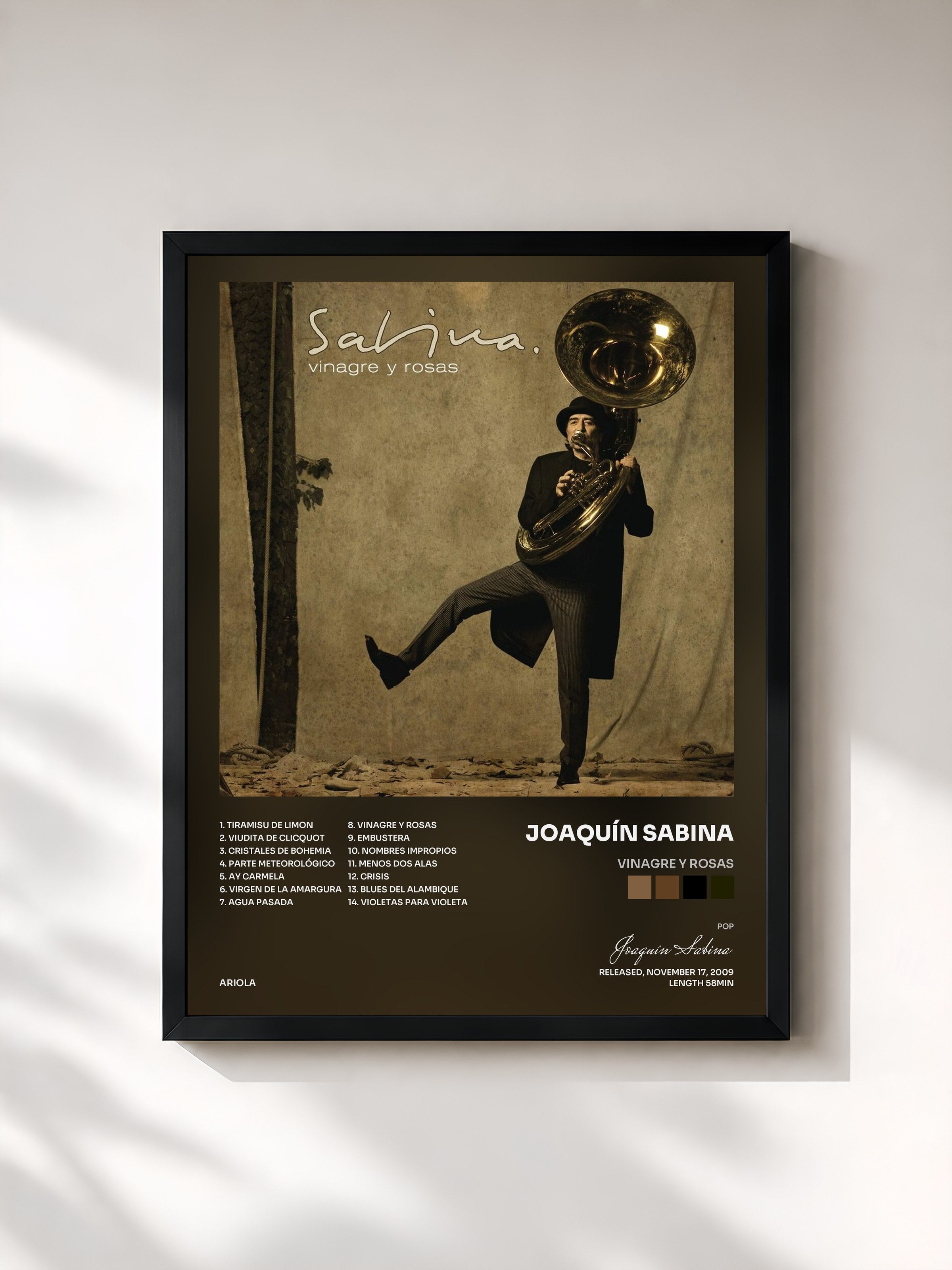 #noir Tableau de l'album Vinagre Y Rosas de Joaquín Sabina, cadre noir, imprimé et encadré en France