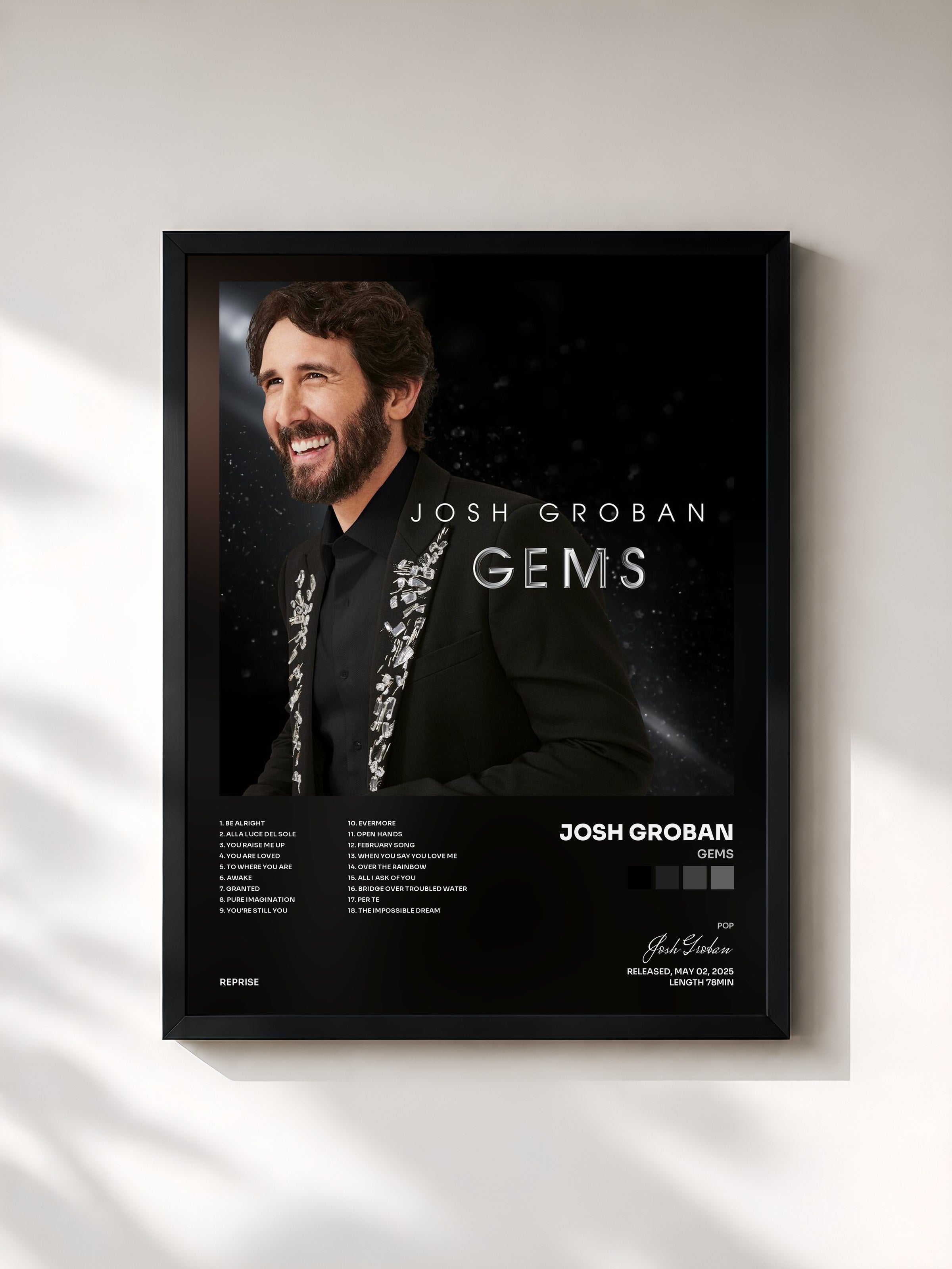 #noir Tableau de l'album Gems de Josh Groban, cadre noir, imprimé et encadré en France